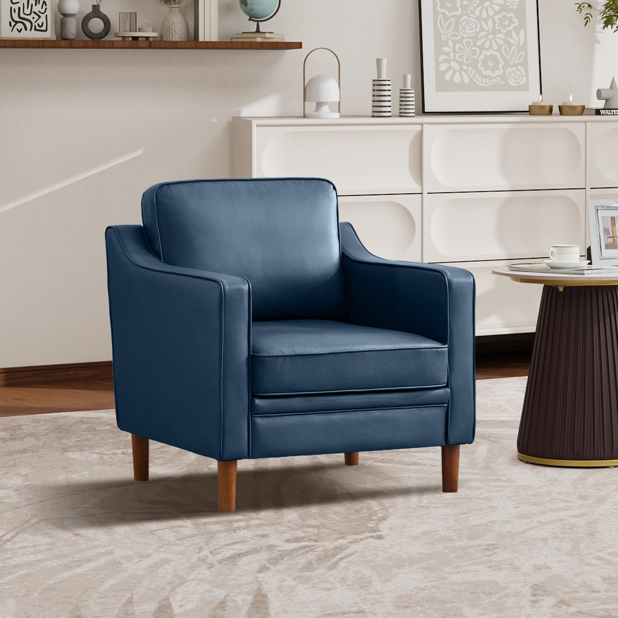 Kingfun Accent Chair Set of 2, Living Room Chairs, Faux Leather Reading Armchair, Mid Century with Solid Wood Foot, Upholstered Modern Decor for Bedroom, Apartment, Brown