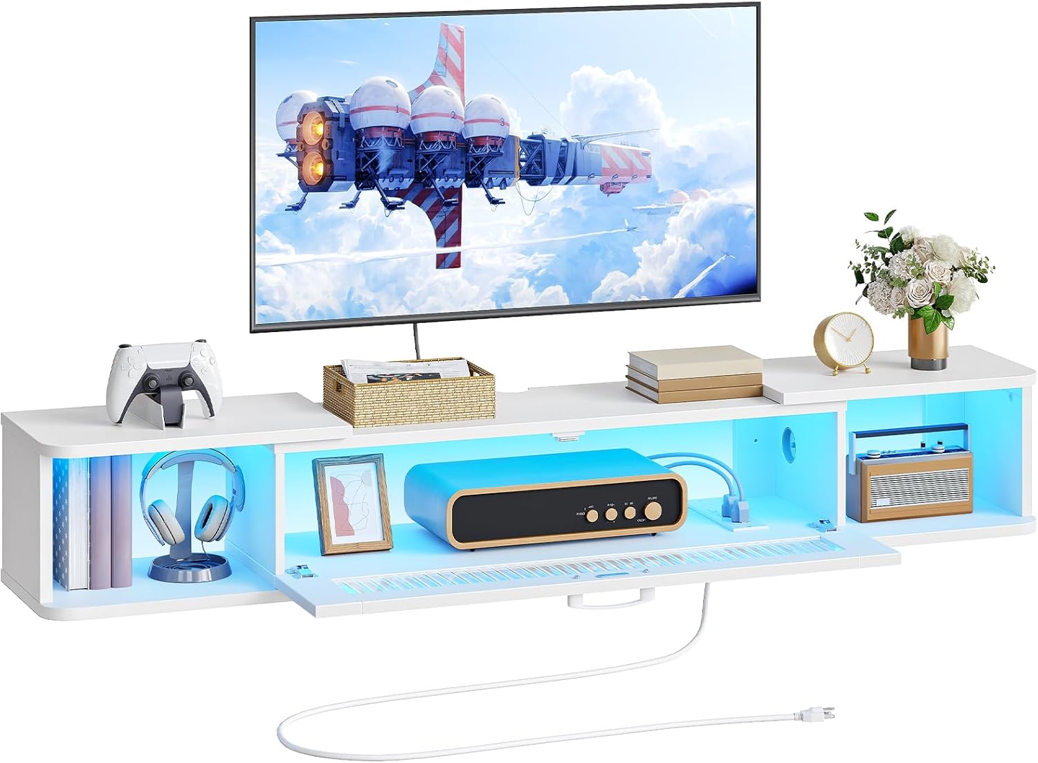 HOOBRO Floating TV Stand with LED Light Power Outlet for up to 65”, Wall Mounted TV Shelf, Modern Media Console Entertainment Center, for Living Room Bedroom, White WT34UDDS01G1