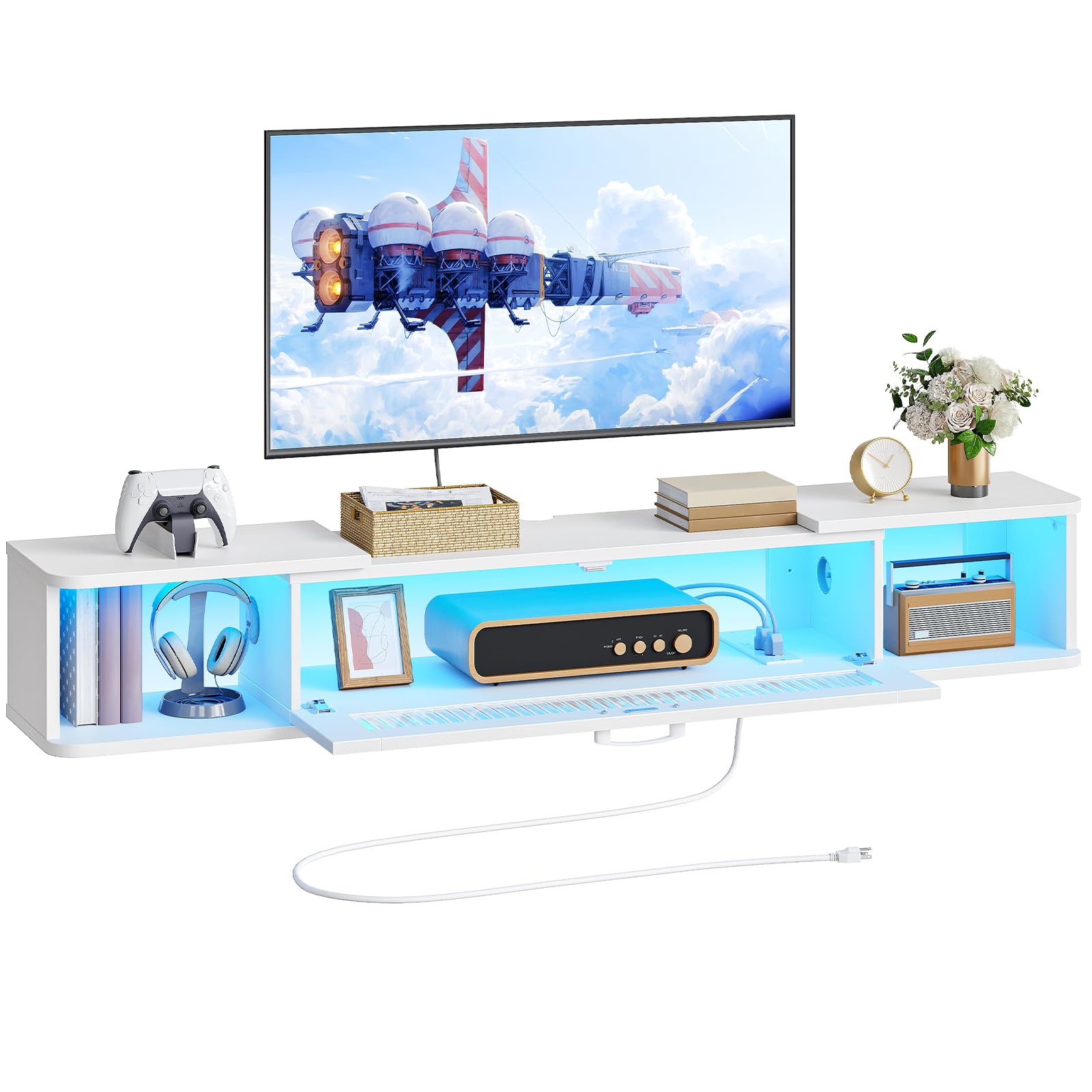 HOOBRO Floating TV Stand with LED Light Power Outlet for up to 65”, Wall Mounted TV Shelf, Modern Media Console Entertainment Center, for Living Room Bedroom, White WT34UDDS01G1