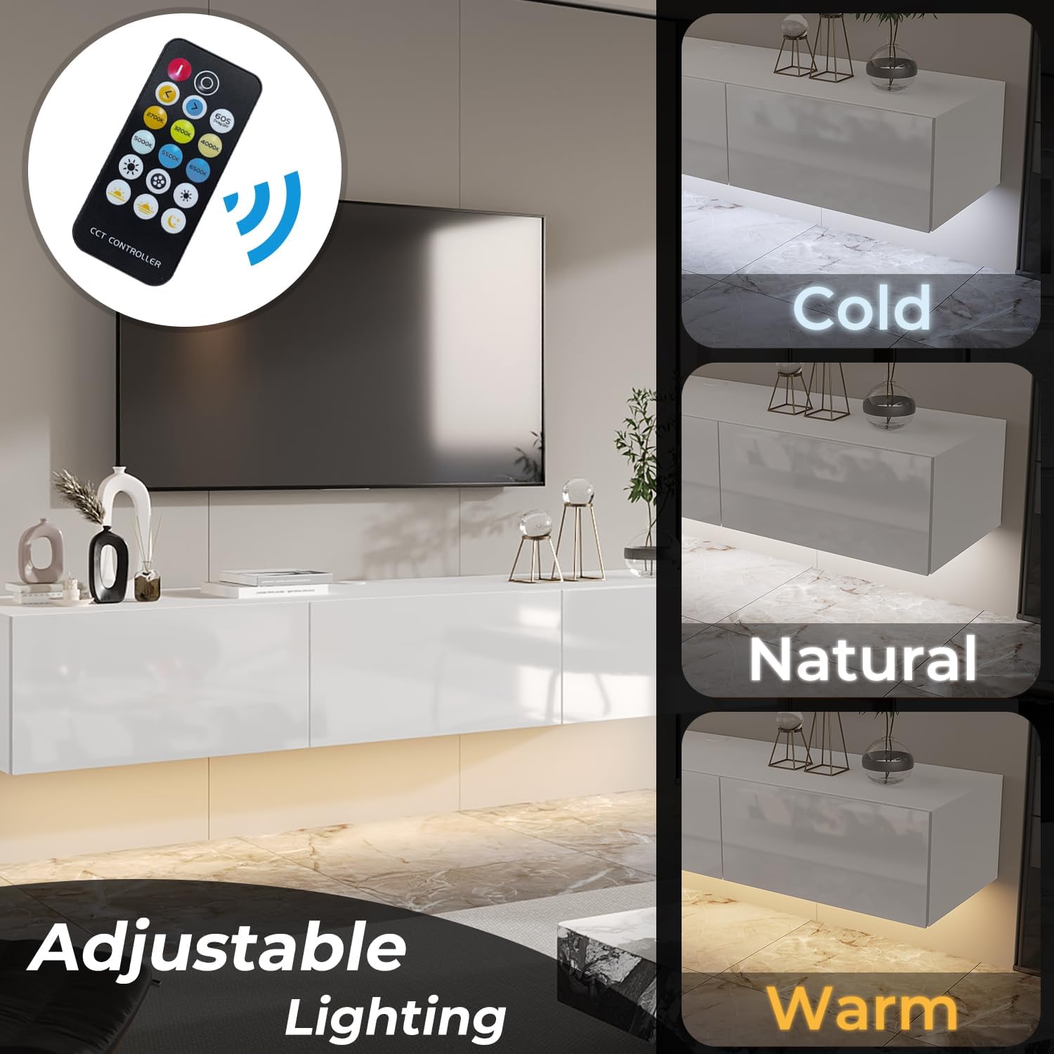 Floating LED TV Stand for TVs up to 70 Inch, Wall Mounted Entertainment Center with LED Lights, 63" Large Storage Media Console with 3 Drawers for Living Room, White