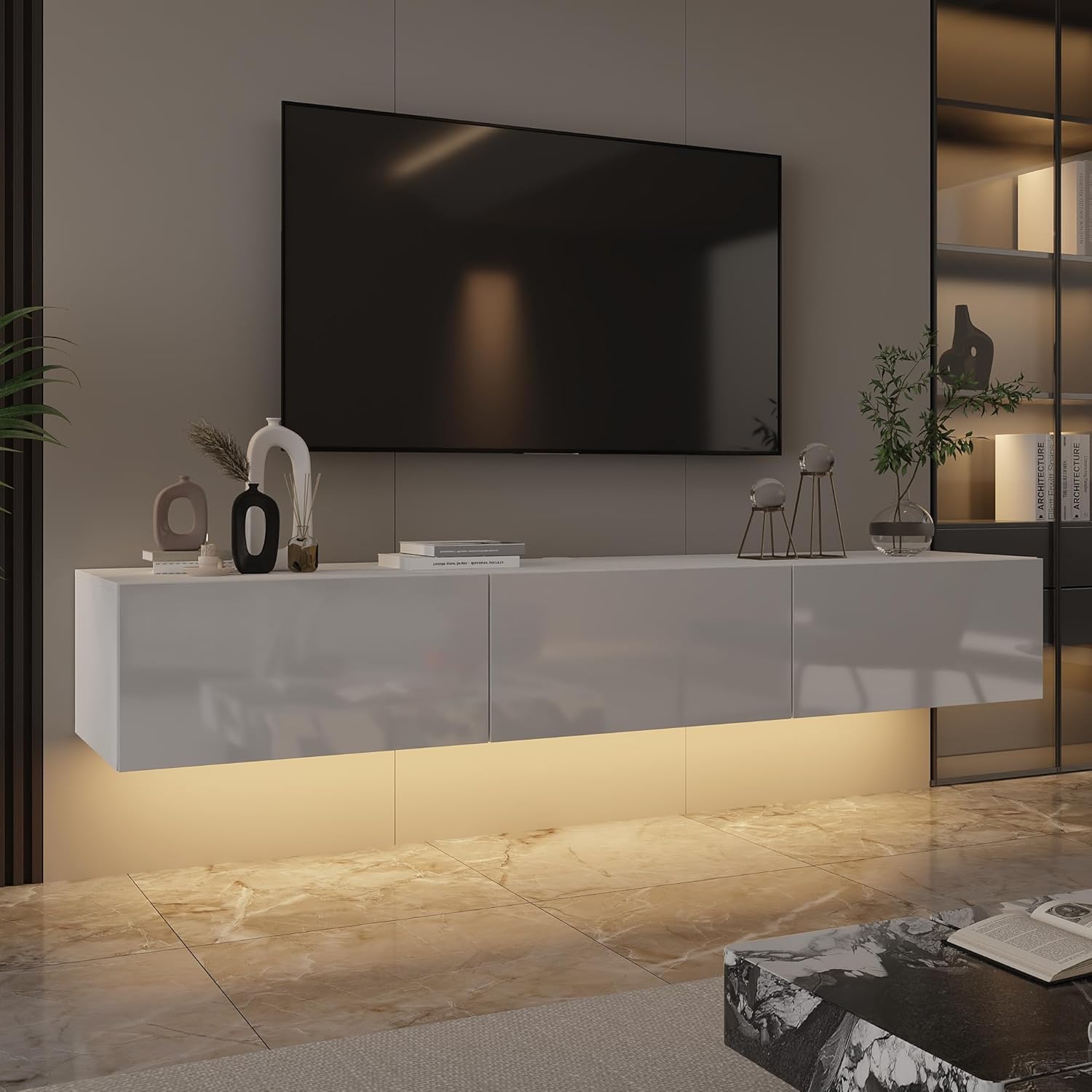 Floating LED TV Stand for TVs up to 70 Inch, Wall Mounted Entertainment Center with LED Lights, 63" Large Storage Media Console with 3 Drawers for Living Room, White