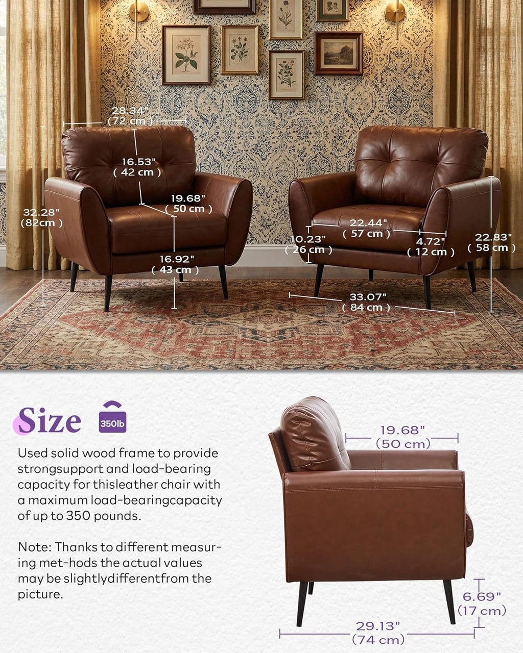 TYBOATLE Accent Chairs Set of 2, Comfy Modern Living Room Brown Leather Reading Accent Chairs Tufted Mid Century Arm Chair Small Salon Chair for Office Bedroom (2, Brown)