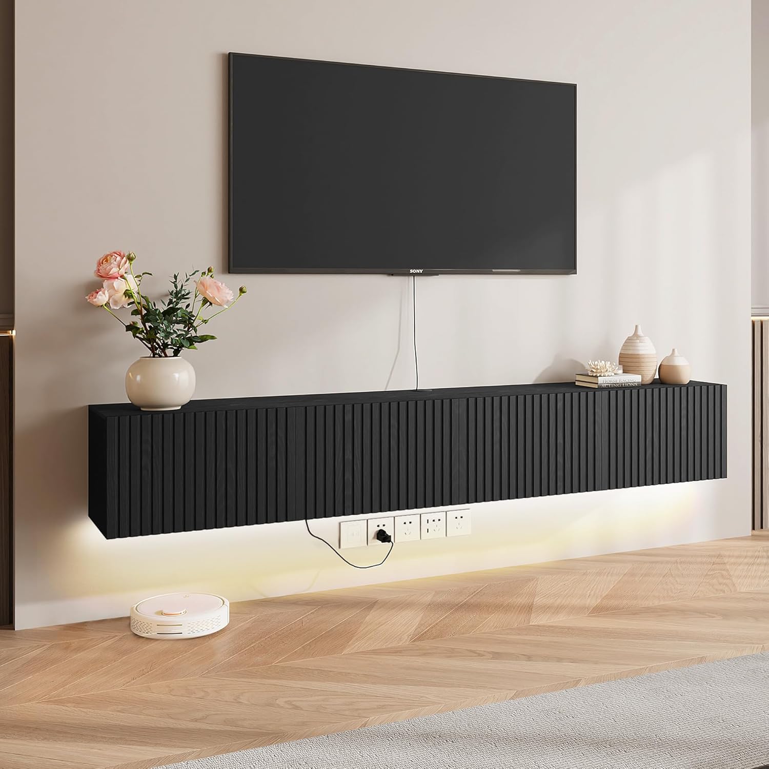 DHMAKER Floating TV Stand Wall Mounted, 71" Floating TV Shelf Cabinet with LED Lights & Power Outlet, Black Midia Console Entertainment Center with Fluted Storage for Under TV Living Room Bedroom