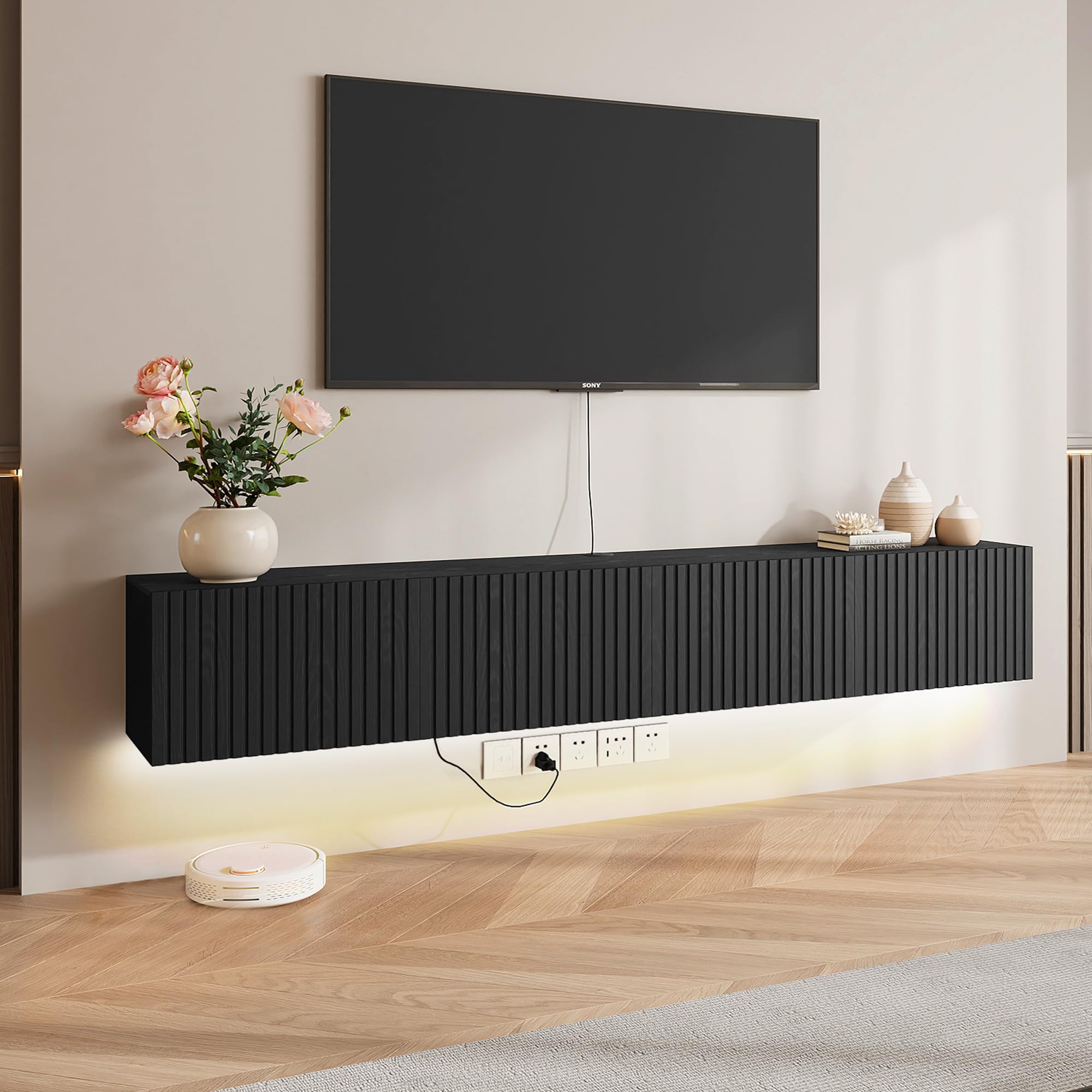DHMAKER Floating TV Stand Wall Mounted, 71" Floating TV Shelf Cabinet with LED Lights & Power Outlet, Black Midia Console Entertainment Center with Fluted Storage for Under TV Living Room Bedroom