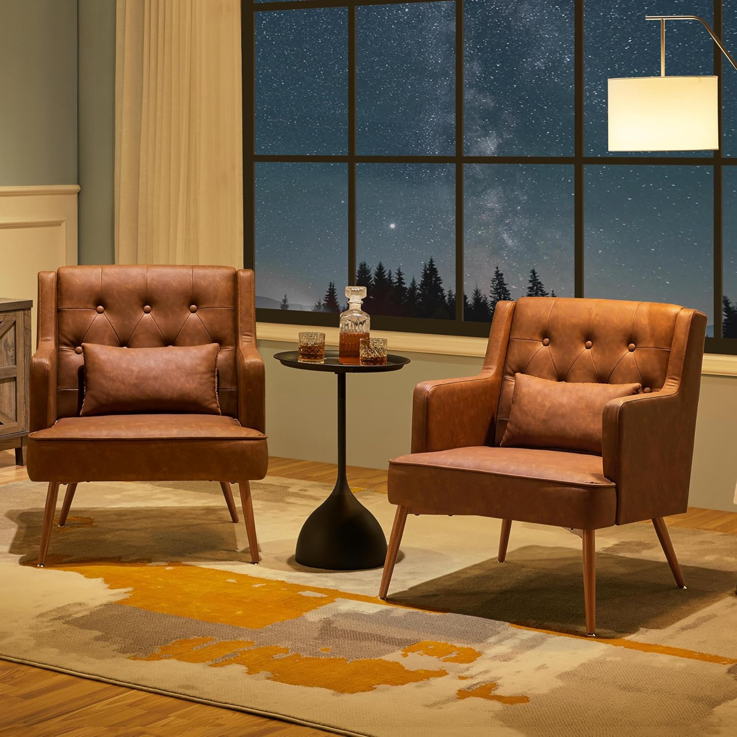 Yaheetech Accent Chair, Living Room Chair Mid Century PU Leather Armchair Lumbar Pillow, Comfy Upholstered Reading Chair Wood Leg Bedroom Brown 2PCS