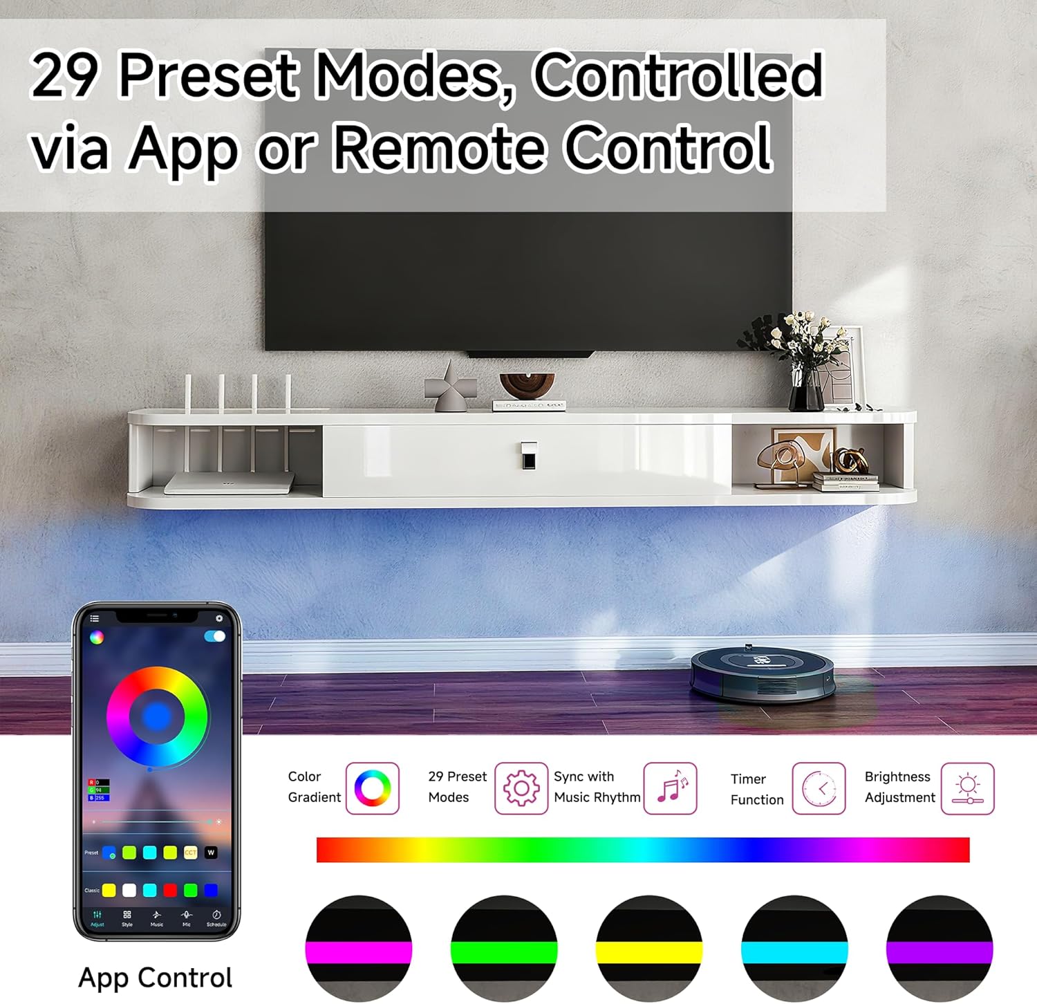 Real Relax 55.1" Floating TV Stand with Led Lights, High Gloss Modern Entertainment Center Media Console with Storage, 55.1 inch Wall Mounted TV Shelf for 55/65 inch TV, White