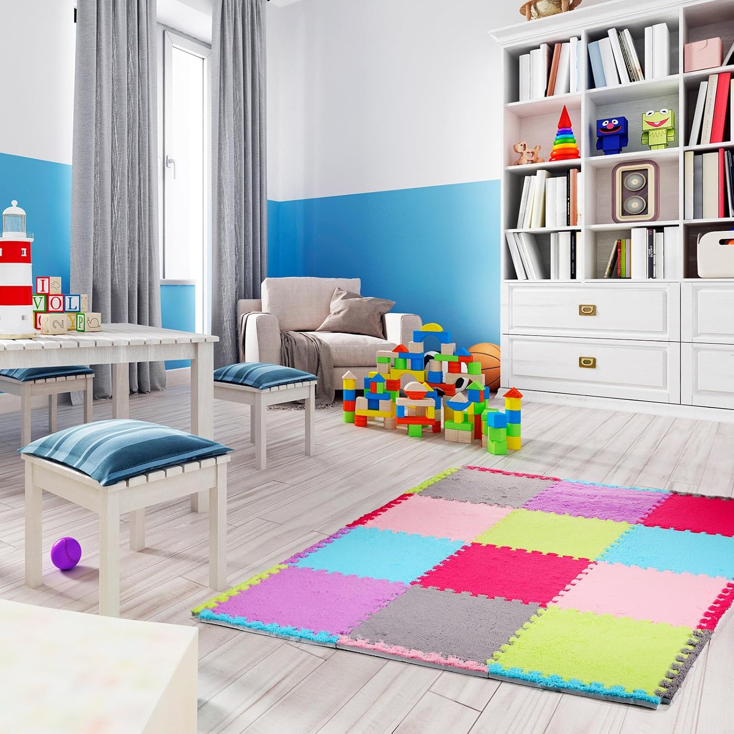 Timgle 18 Pcs Interlocking Carpet Plush Foam Shaggy Soft Square Carpet Tiles with Border 12" Fluffy Colorful Floor Mats 0.4" Thick Protective Puzzle Playroom Area Rug Playmat for Bedroom