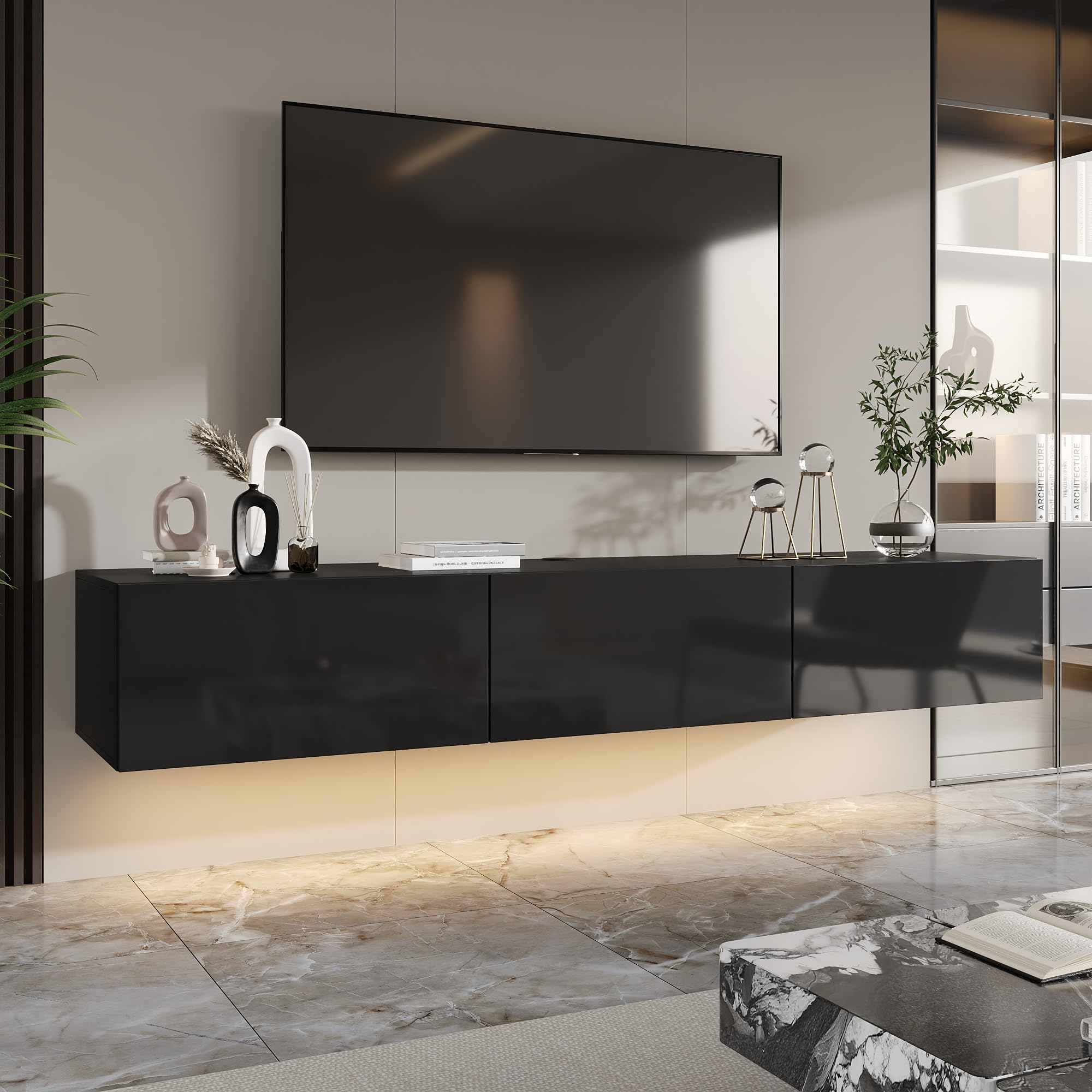 Floating LED TV Stand for TVs up to 70 Inch, Wall Mounted Entertainment Center with LED Lights, 63" Large Storage Media Console with 3 Drawers for Living Room, White