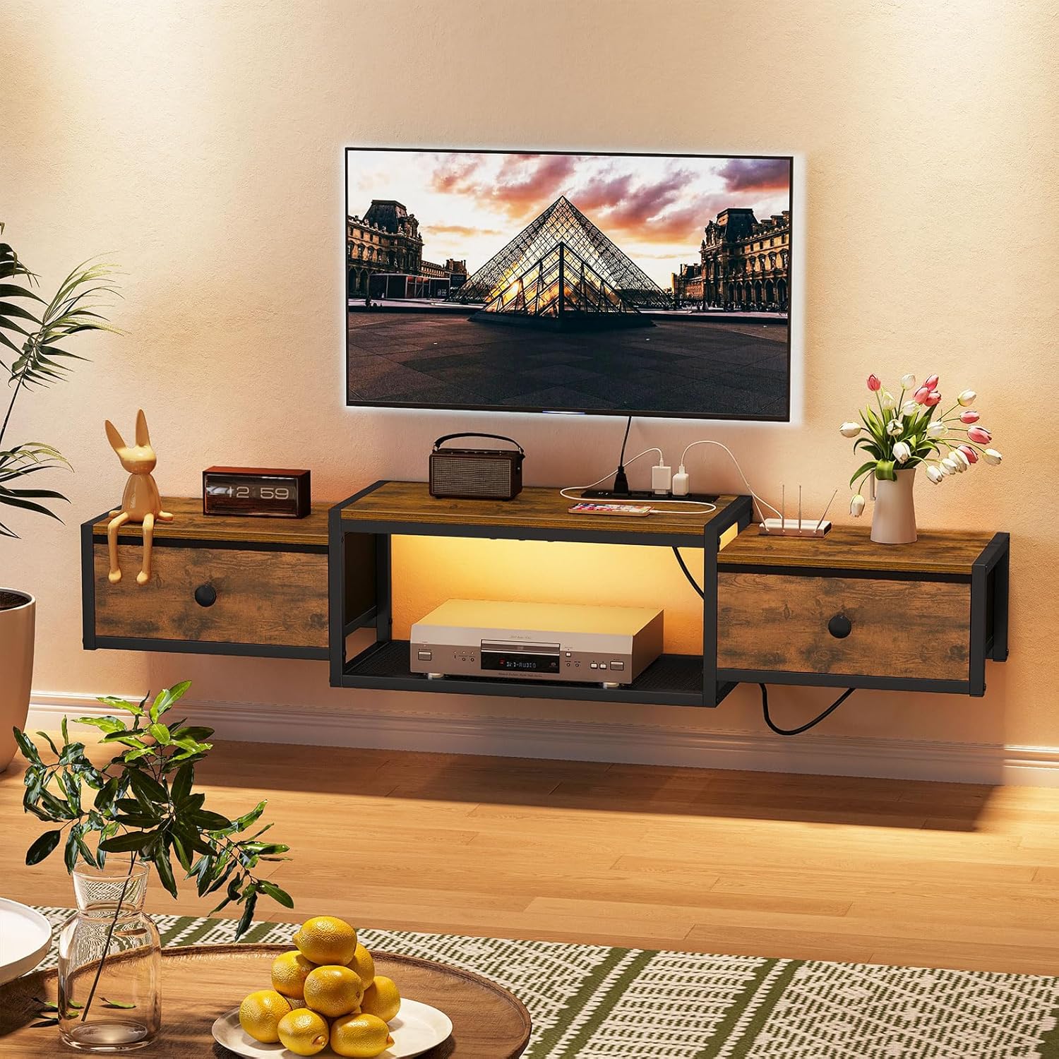 Snughome Floating TV Stand with Power Outlet 55", Wall Mounted Entertainment Center with LED Lights, Floating TV Shelf with Drawer, Wall Mounted Media Console Shelf for Living Room, Bedroom