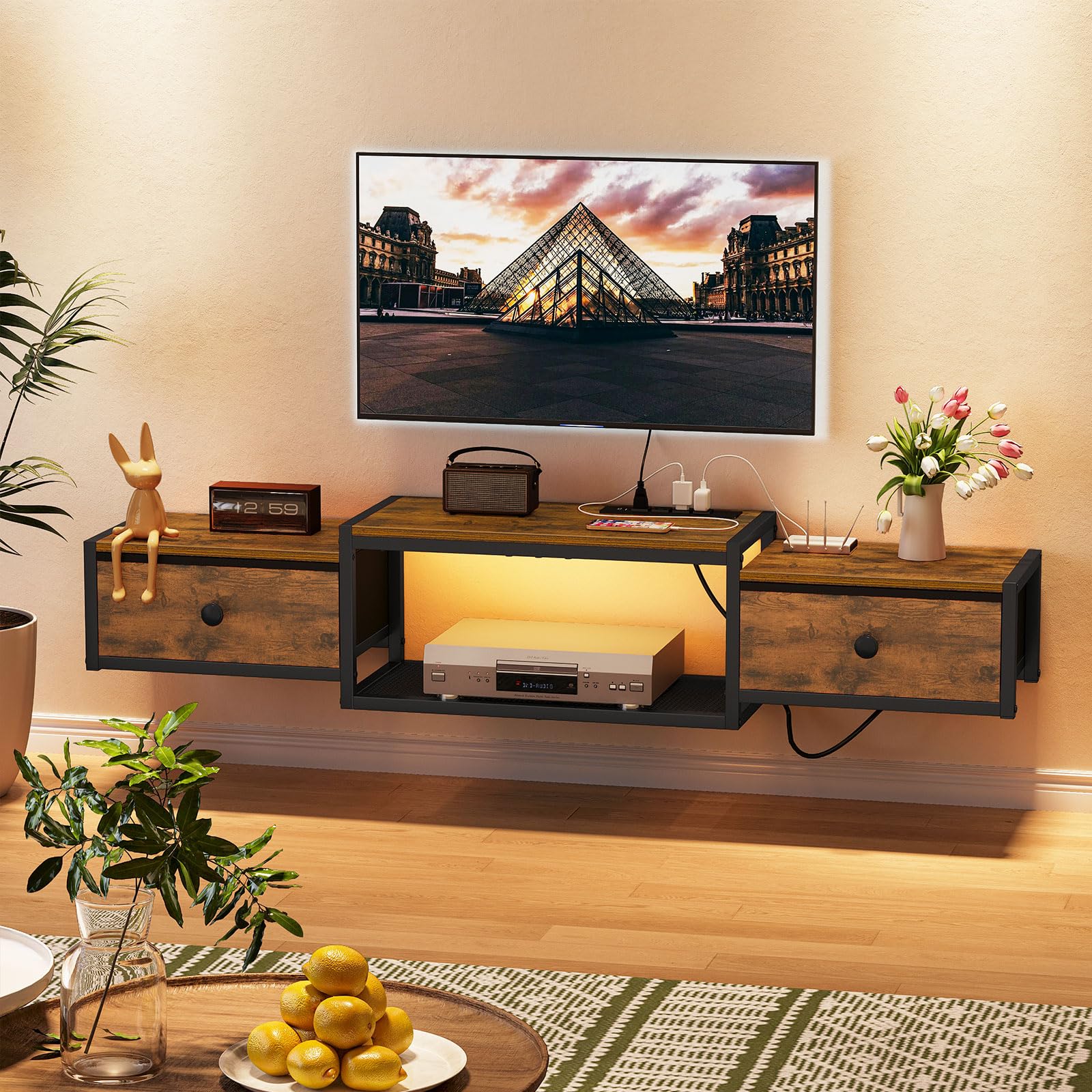 Snughome Floating TV Stand with Power Outlet 55", Wall Mounted Entertainment Center with LED Lights, Floating TV Shelf with Drawer, Wall Mounted Media Console Shelf for Living Room, Bedroom
