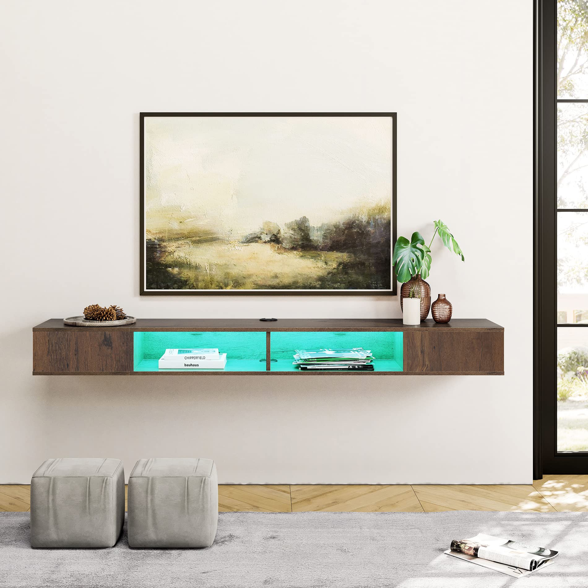 WAMPAT Floating Entertainment Center for 80 Inch TV,TV Stand Wall Mounted with LED Light, Floating TV Shelf Under TV for Living Room, Bedroom, Black
