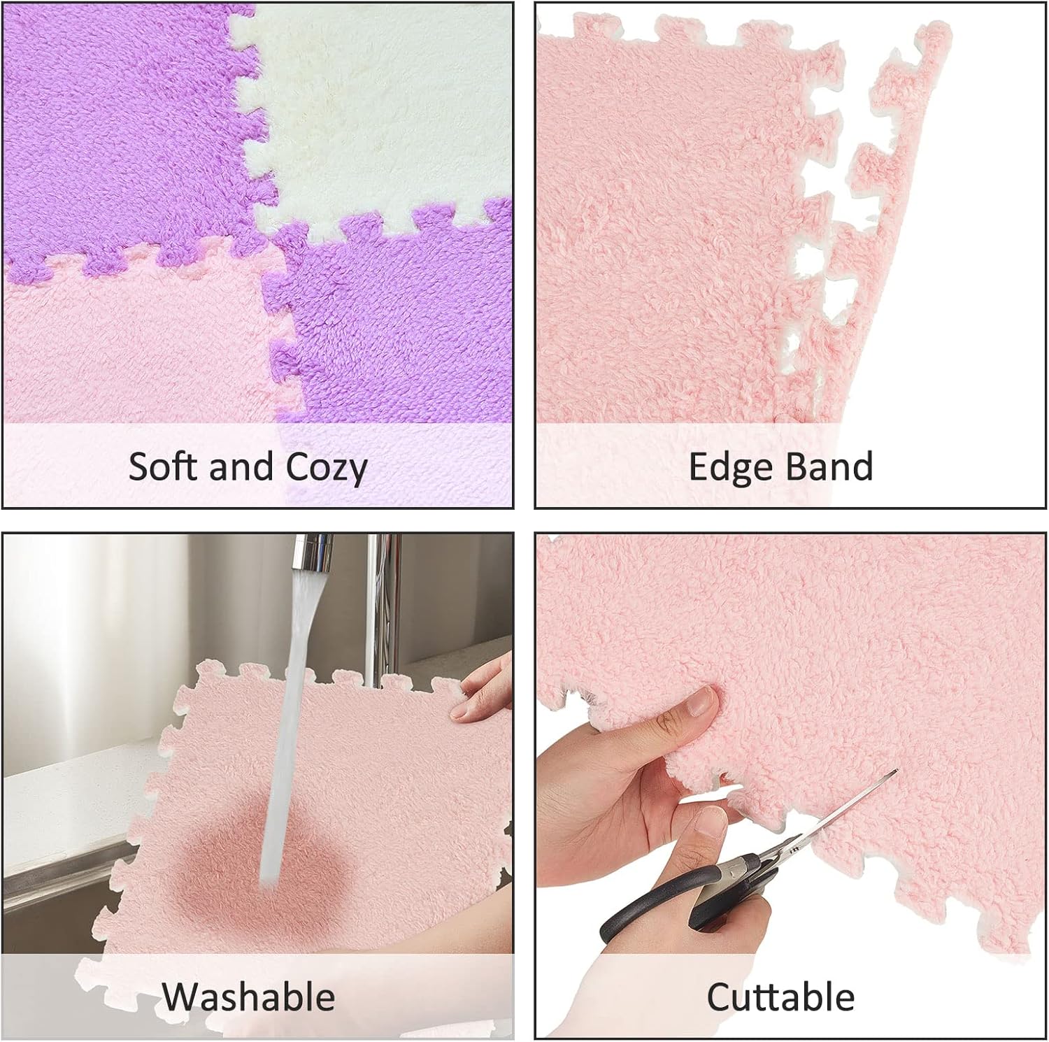 Amylove 72 Pieces Plush Foam Floor Mat Square Interlocking Carpet Tiles with Border 12 x 12 x 0.4 in Fluffy Play Mat Floor Tiles Soft Climbing Area Rugs for Home Playroom(White, Pink, Purple)