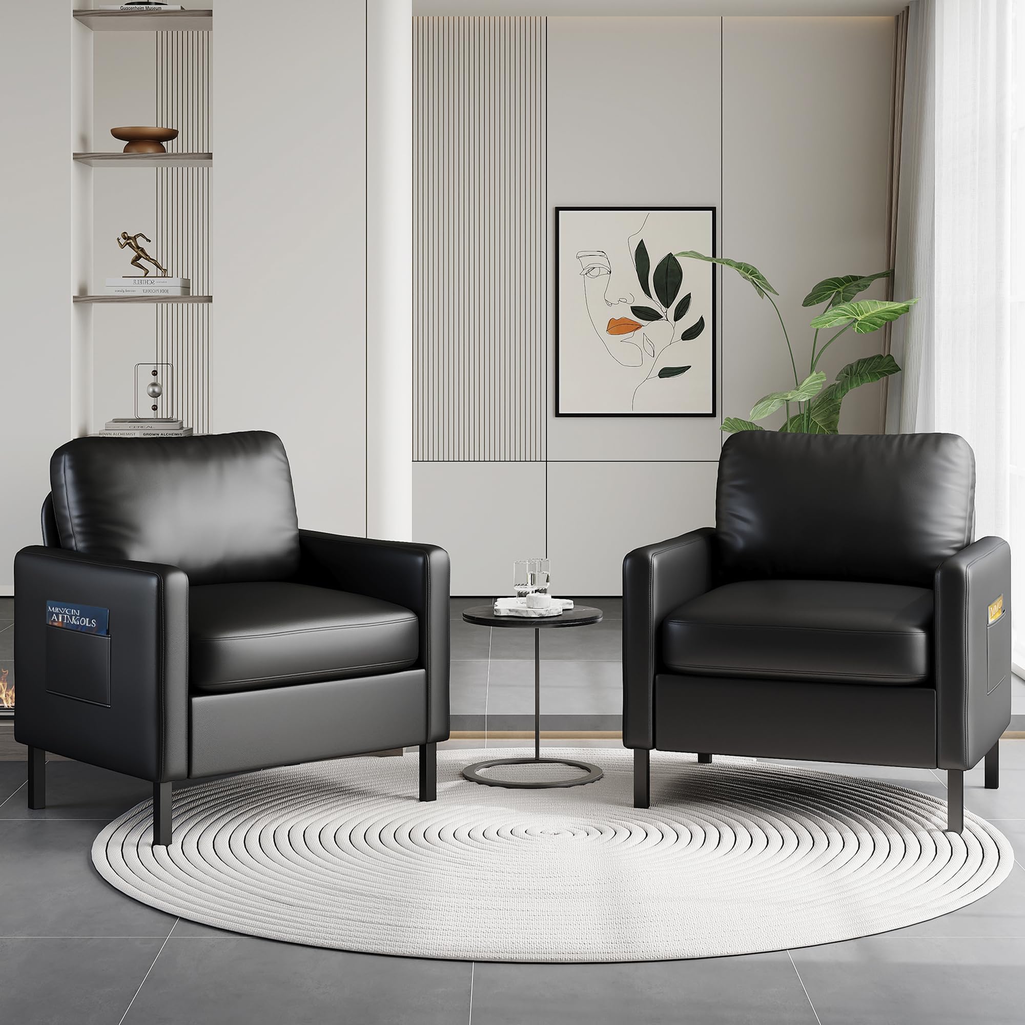 STHOUYN Black Faux Leather Accent Chair Set of 2 with Arms, Modern Small Accent Office Chair, Waiting Room Chairs for Living Room Bedroom with Metal Legs
