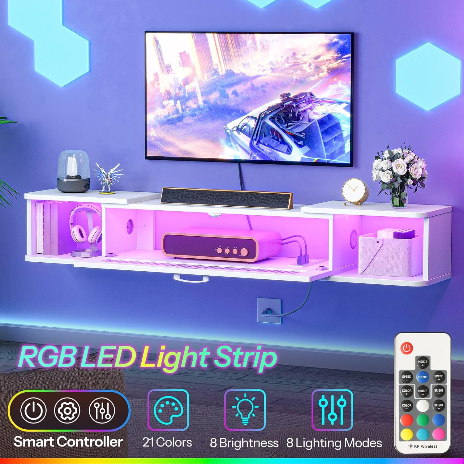 HOOBRO Floating TV Stand with LED Light Power Outlet for up to 65”, Wall Mounted TV Shelf, Modern Media Console Entertainment Center, for Living Room Bedroom, White WT34UDDS01G1