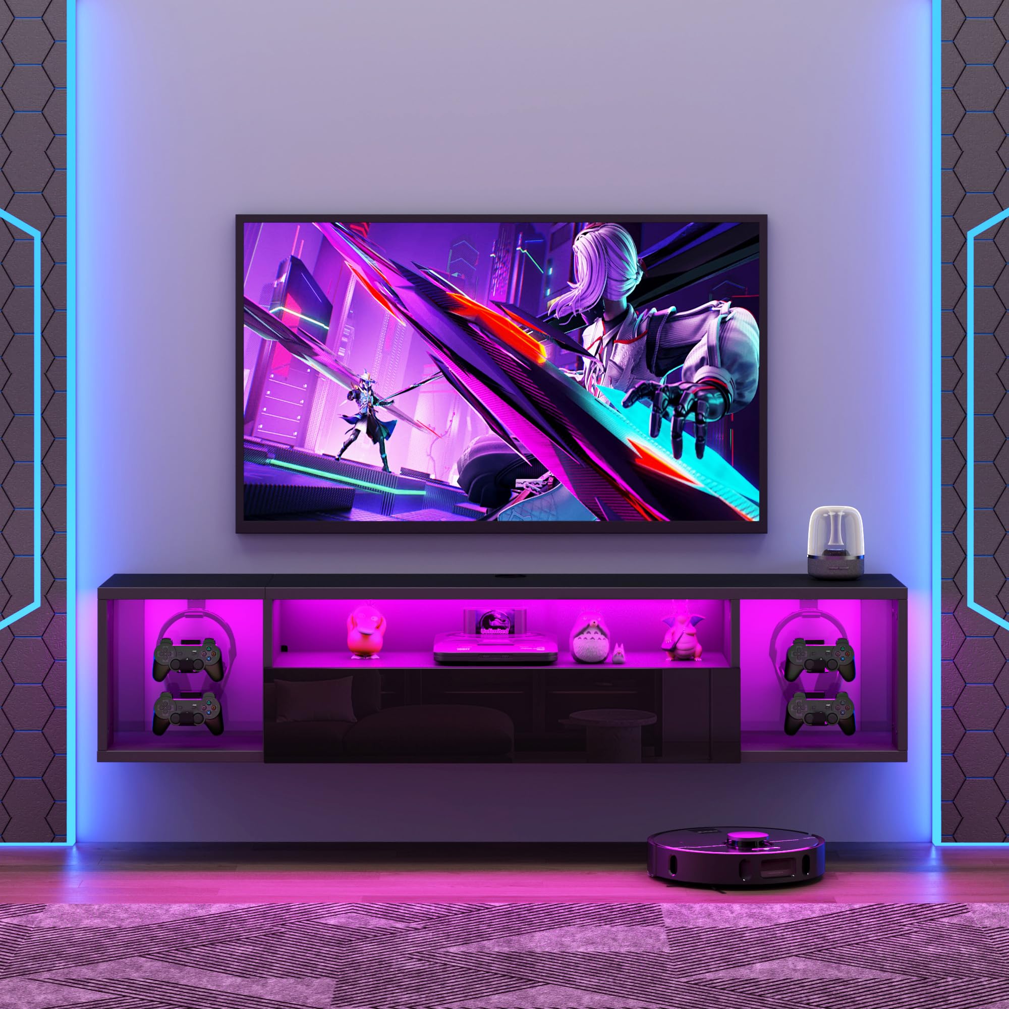 SogesPower Floating TV Stand Wall Mounted with Lights,LED TV Stand Floating Entertainment Center with Storage for Bedroom Living Room,Modern Floating Shelf for Under TV,Black 40inch