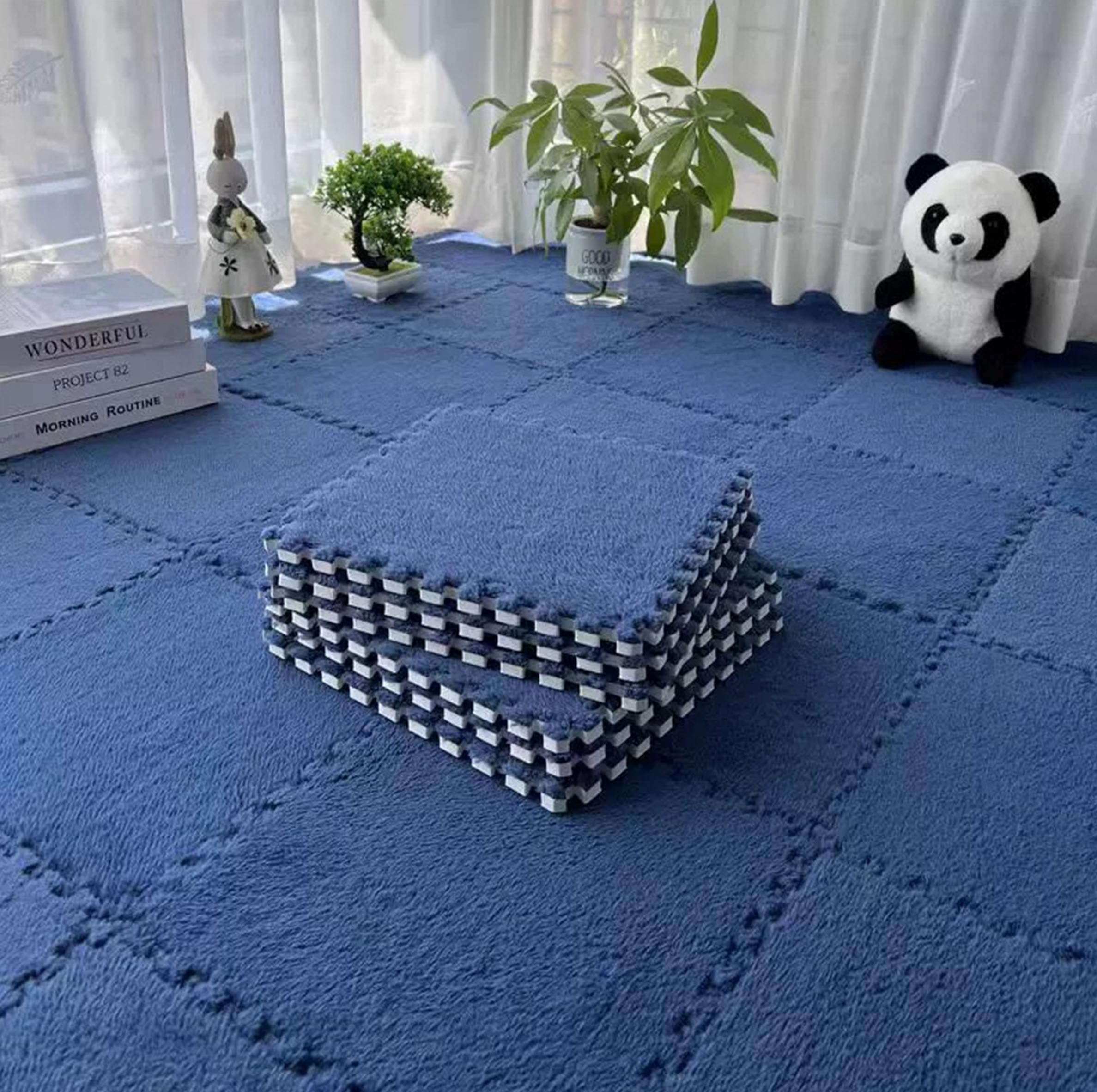 16 Pcs Kids Foam Interlocking Carpet Tiles with Border, Thick Carpet Squares Plush Floor Playmats Baby Crawling Rug - 49" x 49" (Navy Blue, 16 Tiles)