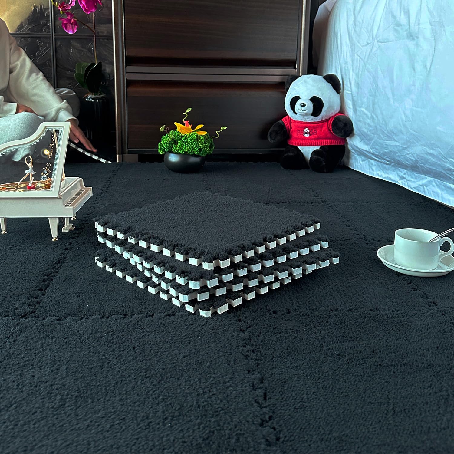 16 Pcs Kids Foam Interlocking Carpet Tiles with Border, Thick Carpet Squares Plush Floor Playmats Baby Crawling Rug - 49" x 49" (Navy Blue, 16 Tiles)