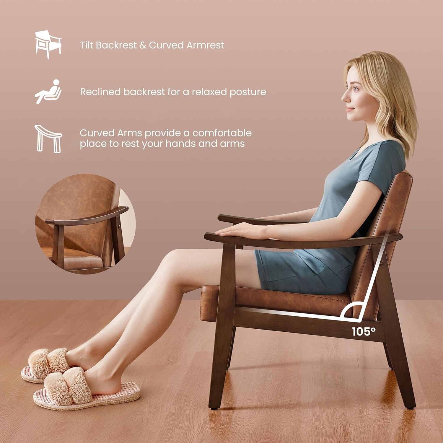Yaheetech PU Leather Accent Chair, Mid-Century Modern Armchair with Solid Wood Legs, Reading Leisure Chair with High Back for Living Room Bedroom Waiting Room, Brown