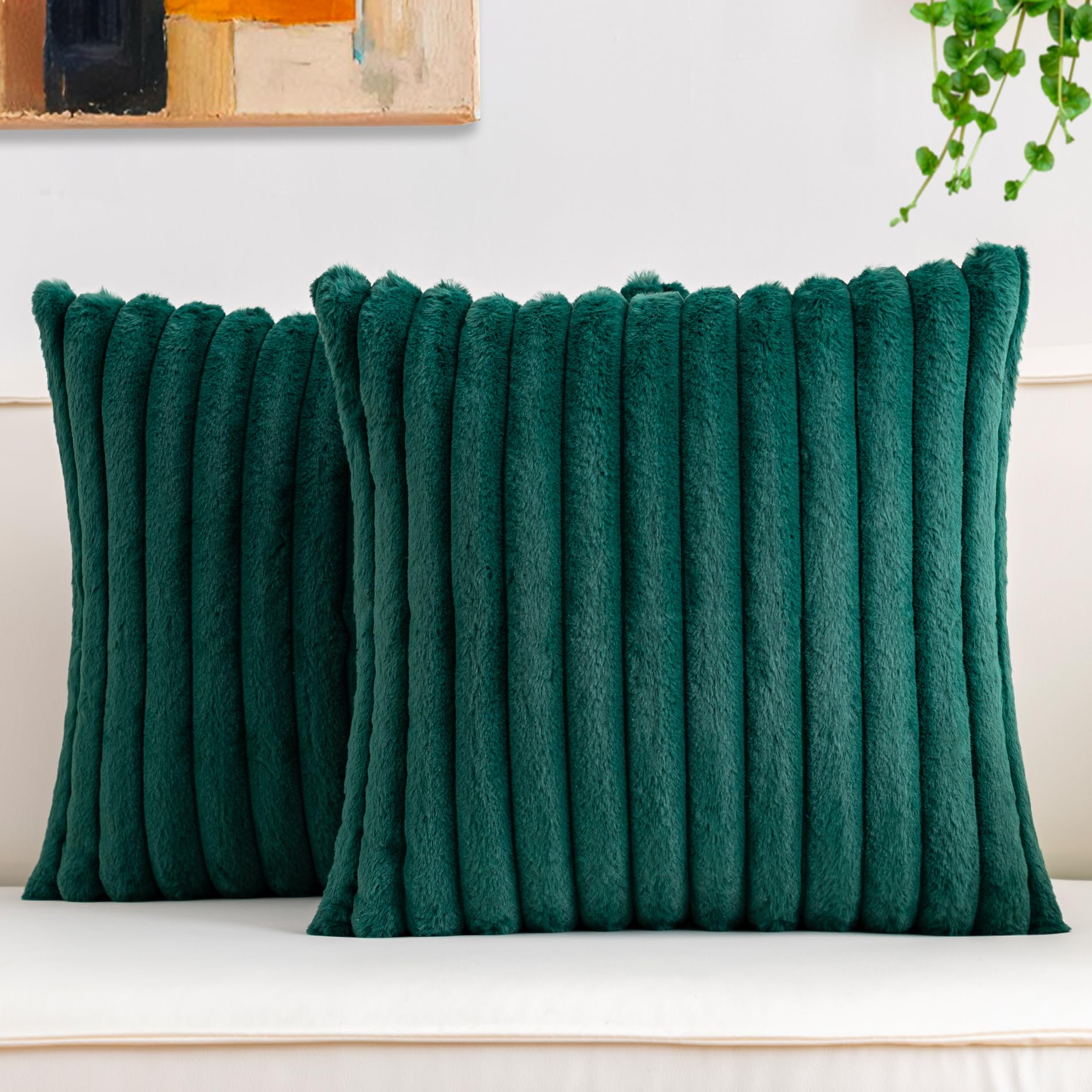 Aegero Pack of 2 Faux Fur Christmas Throw Pillow Covers 18x18 Inch, Soft Plush Striped Neutral Couch Pillow Cover, with Velvet Back Modern Home Decor for Sofa Living Room Couch Bed Cream White