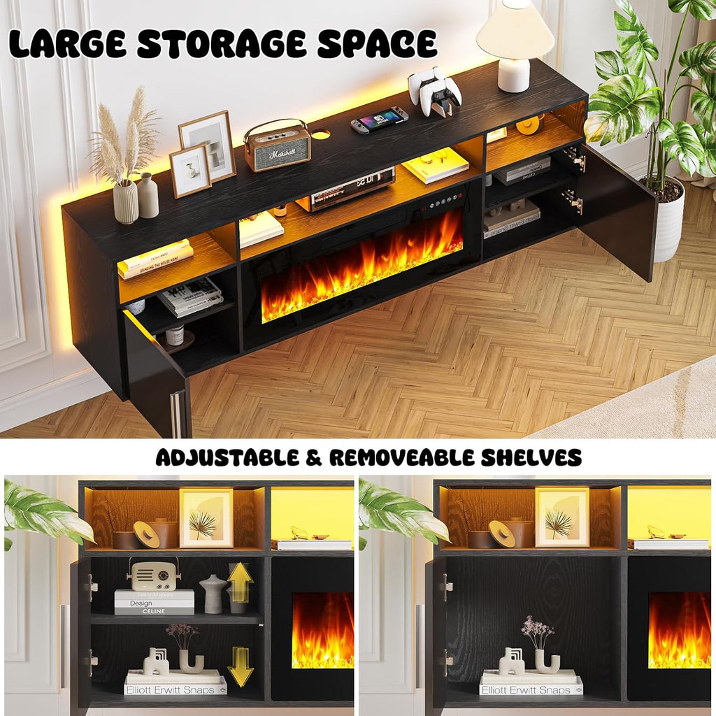 LEMBERI 70" Floating TV Stand with 36" Electric Fireplace, Wall Mounted Fireplace LED Light Entertainment Center with Storage, Fire Place TV Console with Highlight Cabinet for Living Room (Black)