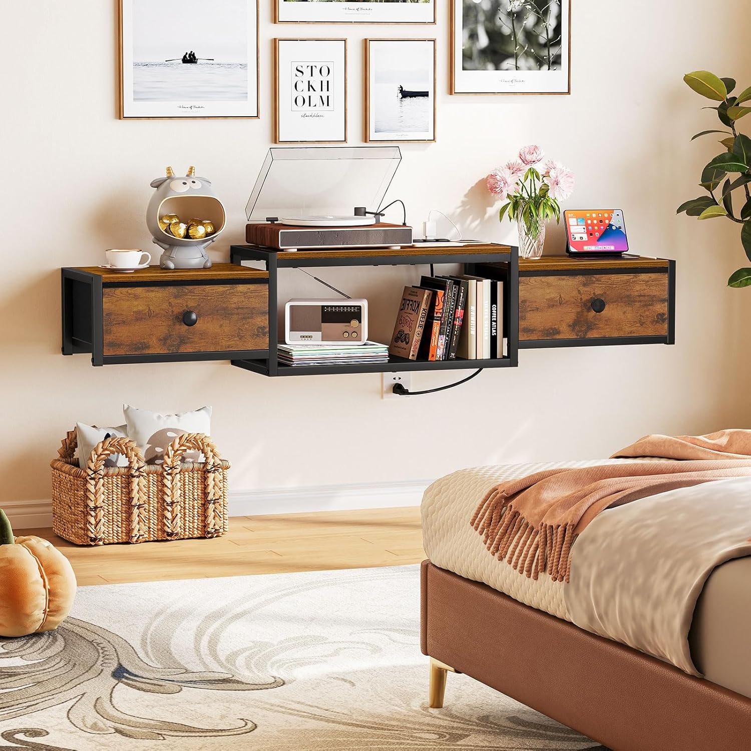 Snughome Floating TV Stand with Power Outlet 55", Wall Mounted Entertainment Center with LED Lights, Floating TV Shelf with Drawer, Wall Mounted Media Console Shelf for Living Room, Bedroom