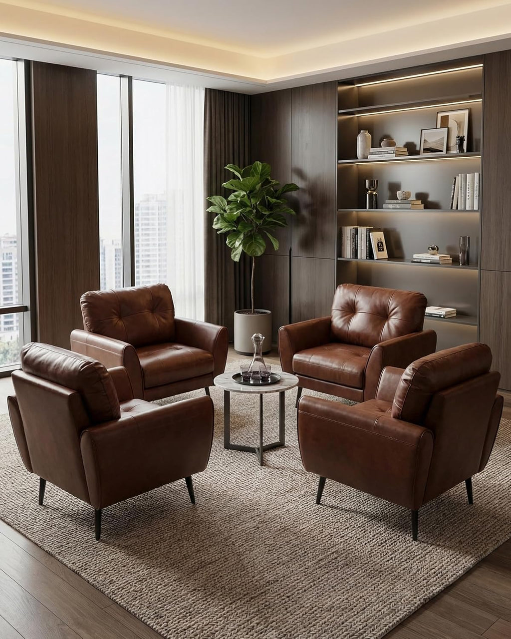 TYBOATLE Accent Chairs Set of 2, Comfy Modern Living Room Brown Leather Reading Accent Chairs Tufted Mid Century Arm Chair Small Salon Chair for Office Bedroom (2, Brown)