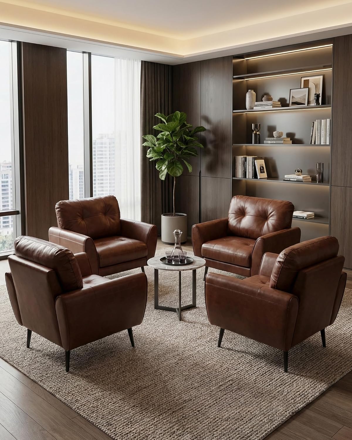 TYBOATLE Accent Chairs Set of 2, Comfy Modern Living Room Brown Leather Reading Accent Chairs Tufted Mid Century Arm Chair Small Salon Chair for Office Bedroom (2, Brown)