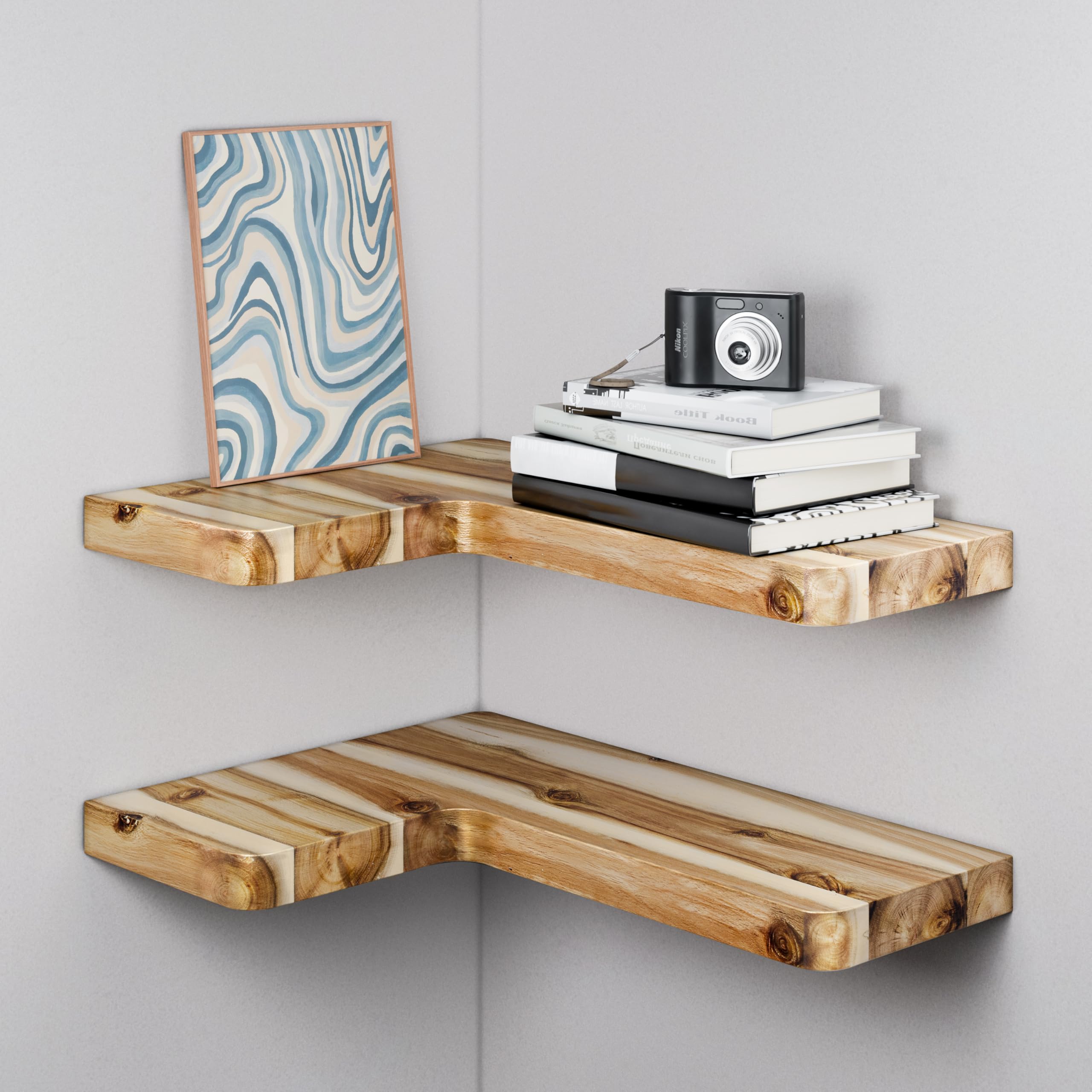 BATODA Acacia Wood Corner Floating Shelves 17" x 12"– Corner Shelf Wall Mounted - Floating Book Shelves for Wall - Brackets and Shelving Hardware Included for Kitchen, Living Room, Bathroom (Set 2)