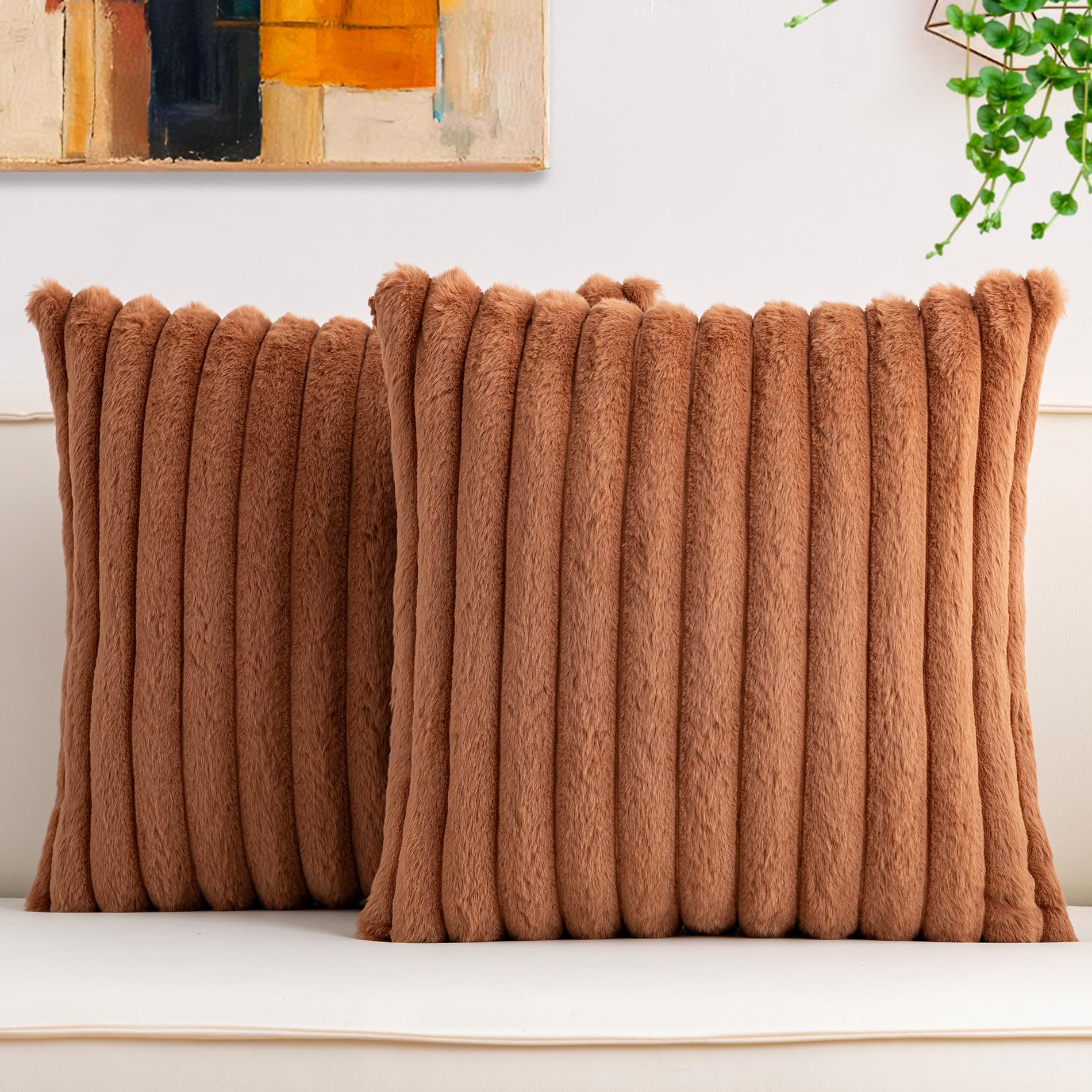 Aegero Pack of 2 Faux Fur Christmas Throw Pillow Covers 18x18 Inch, Soft Plush Striped Neutral Couch Pillow Cover, with Velvet Back Modern Home Decor for Sofa Living Room Couch Bed Cream White