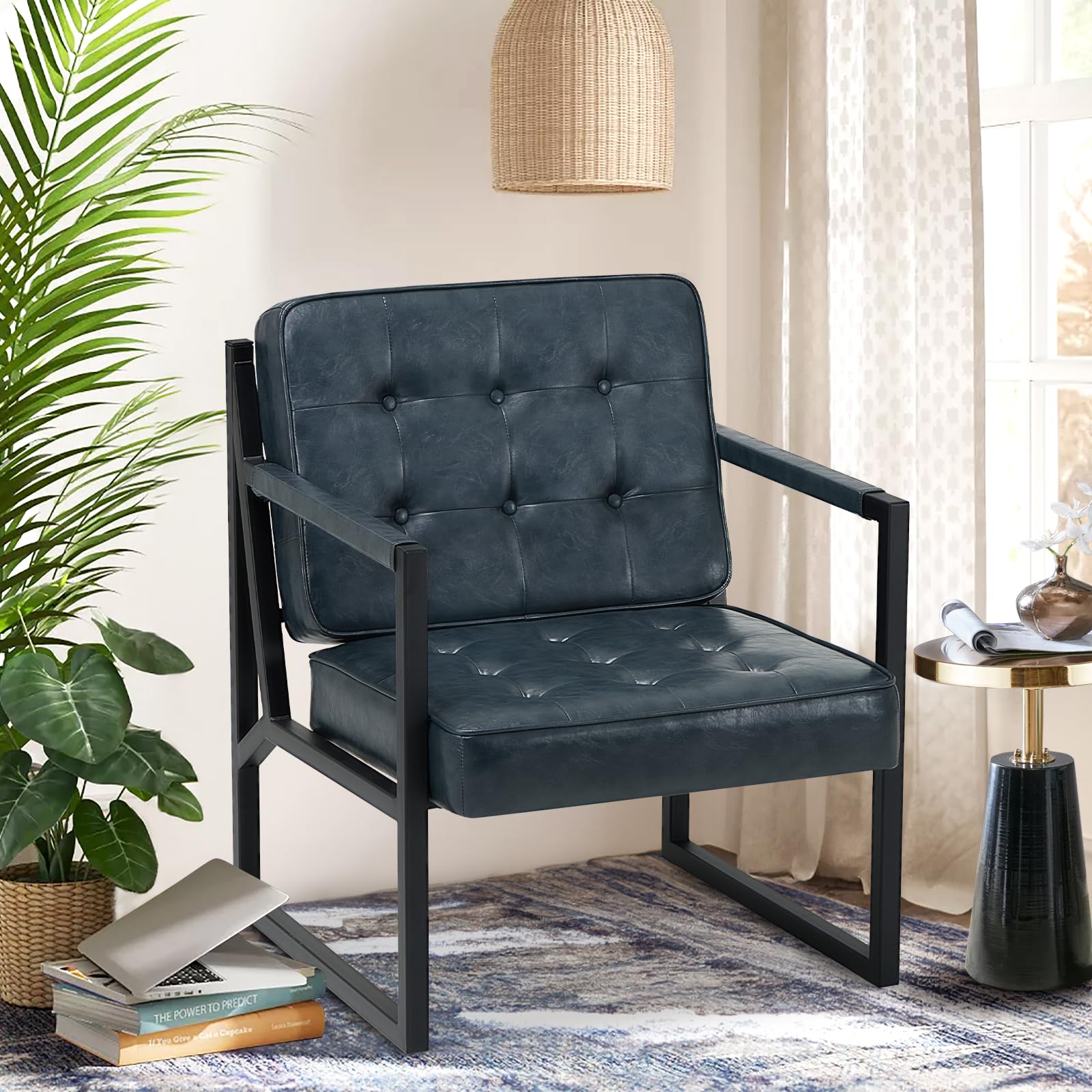 COLAMY Mid Century Modern Accent Chair Set of 2, Comfy Living Room Chair, Black Leather Accent Chair, Faux Leather Reception Armchair with Metal Legs for Living Room Bedroom Reception Office, Black