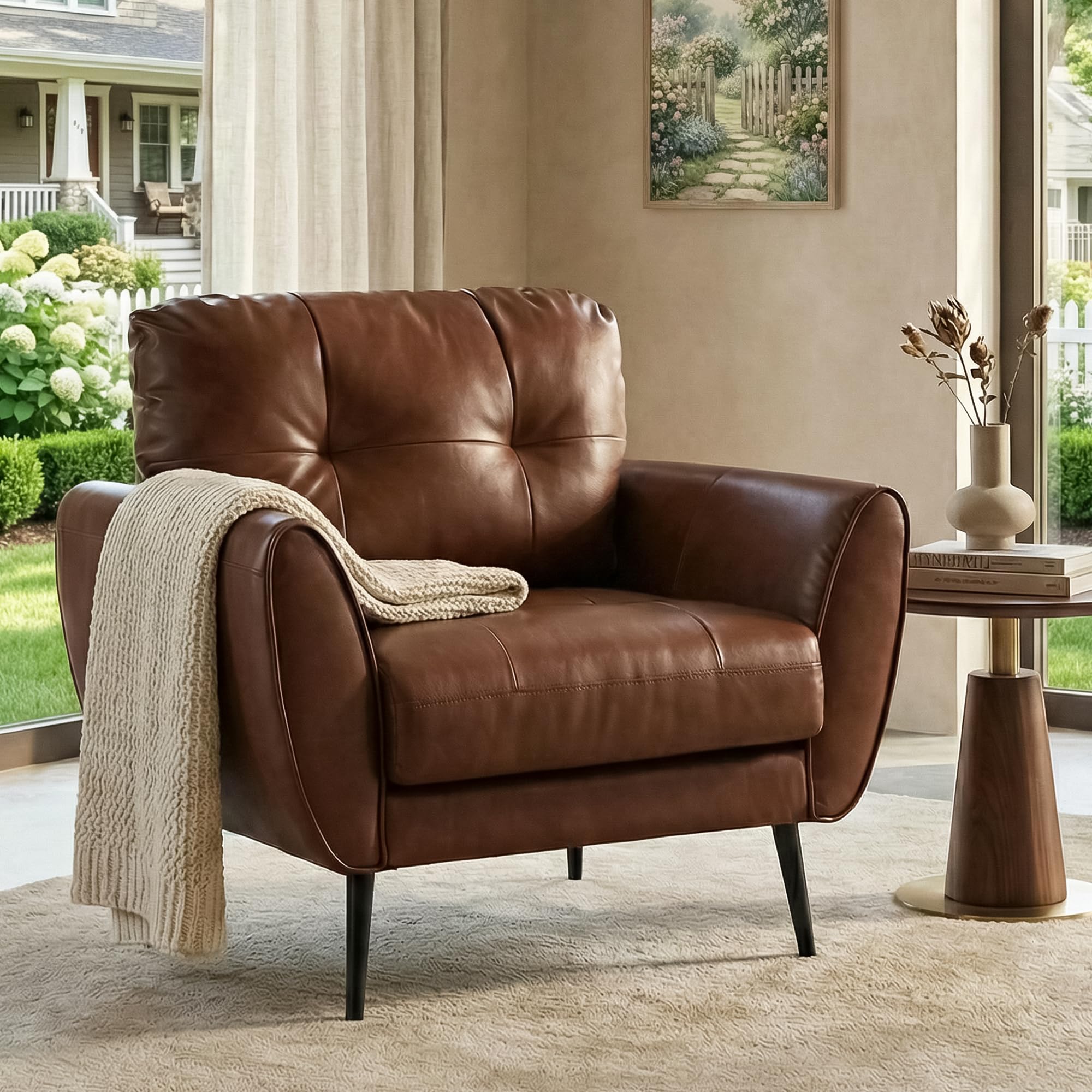 TYBOATLE Accent Chairs Set of 2, Comfy Modern Living Room Brown Leather Reading Accent Chairs Tufted Mid Century Arm Chair Small Salon Chair for Office Bedroom (2, Brown)