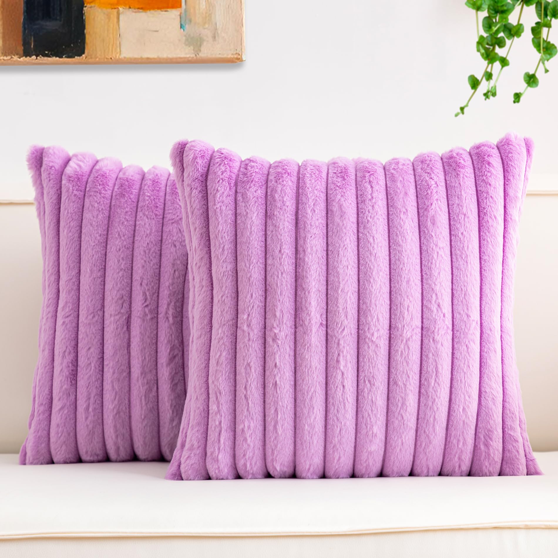 Aegero Pack of 2 Faux Fur Christmas Throw Pillow Covers 18x18 Inch, Soft Plush Striped Neutral Couch Pillow Cover, with Velvet Back Modern Home Decor for Sofa Living Room Couch Bed Cream White
