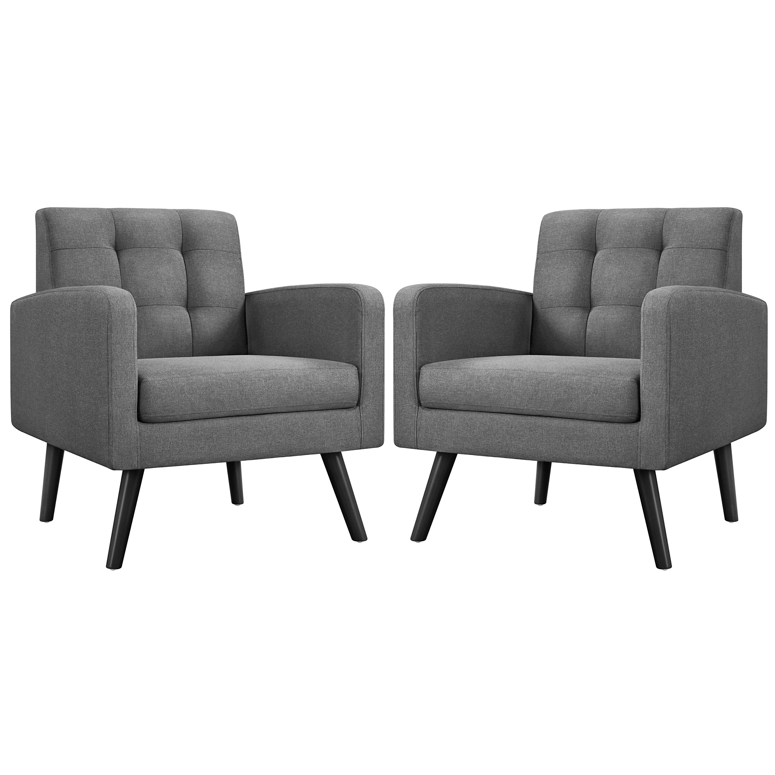 Yaheetech Mid-Century Accent Chairs, PU Leather Modern Upholstered Living Room Chair, Cozy Armchair Button Tufted Back and Wood Legs for Bedroom/Office/Cafe, Retro Brown 2 PCS