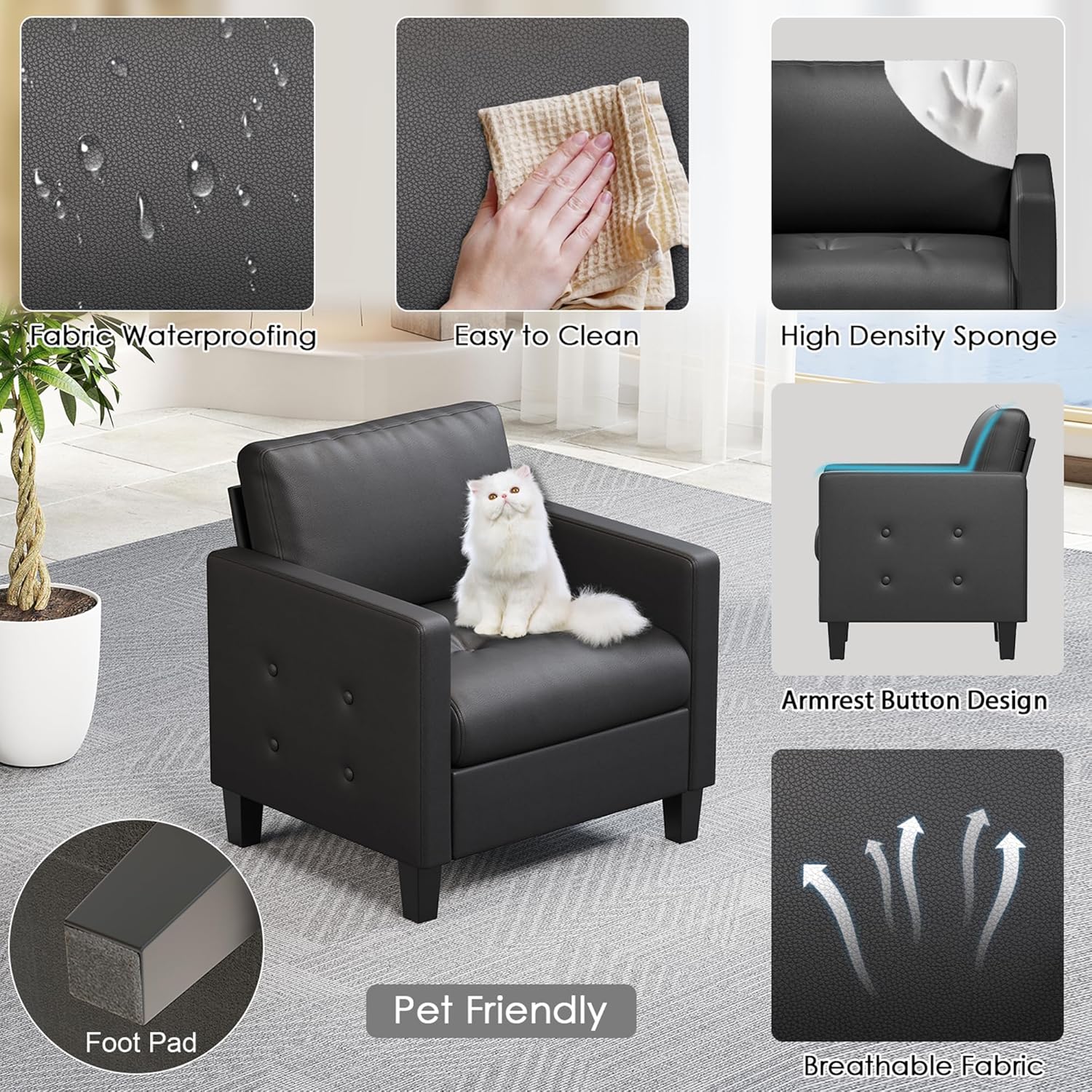 STHOUYN Accent Chairs Set of 2, Black Faux Leather Chair, Mid-Century Modern Living Room Chairs, Cozy Office Reading Chair with Tufted Armrest and Seat, Armchairs for Waiting Room, Bedroom (2)