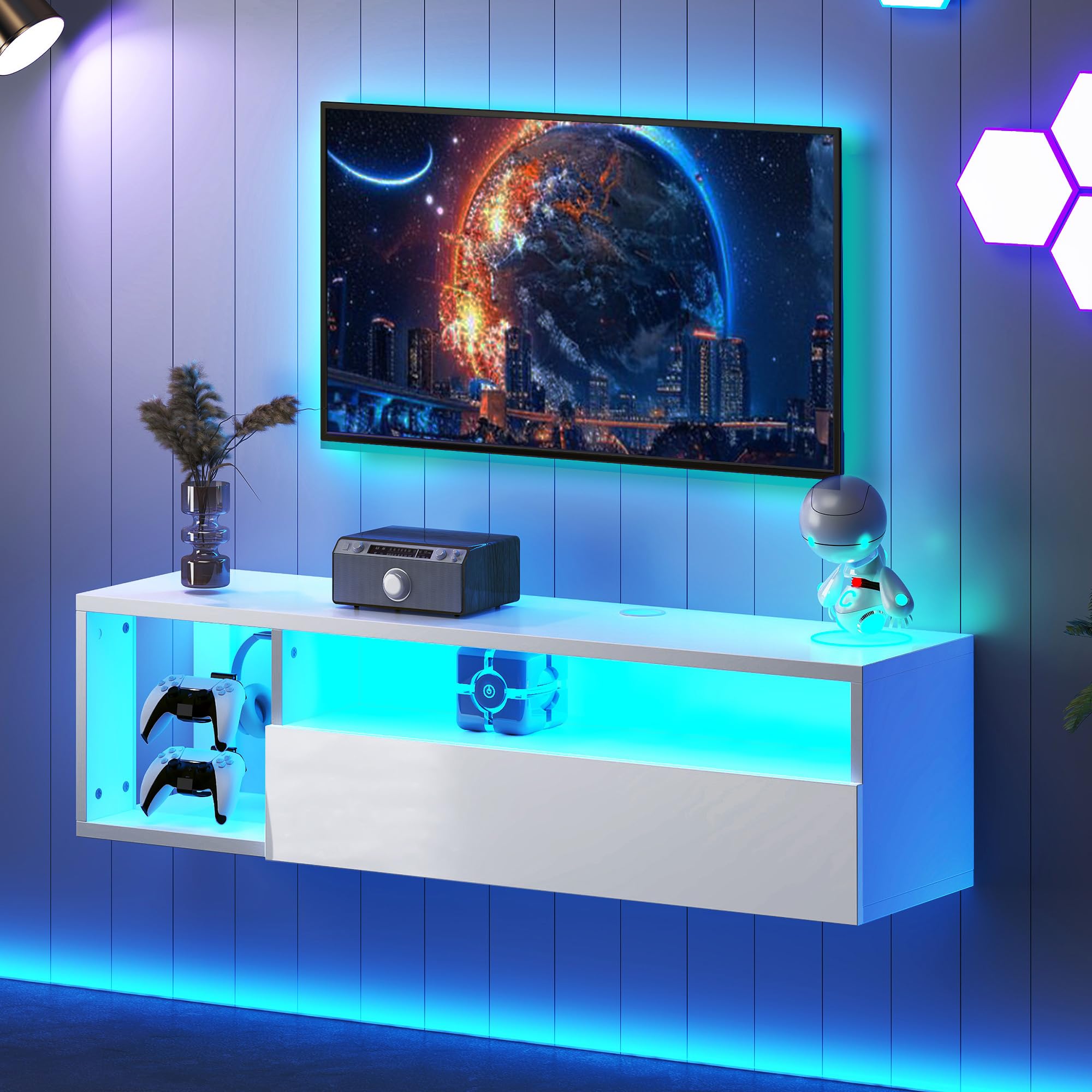 DlandHome Floating TV Stand with LED Lights, Wall Mounted TV Shelf with Led Lights, 55.1" Modern Entertainment Center Media Console with Storage, Black