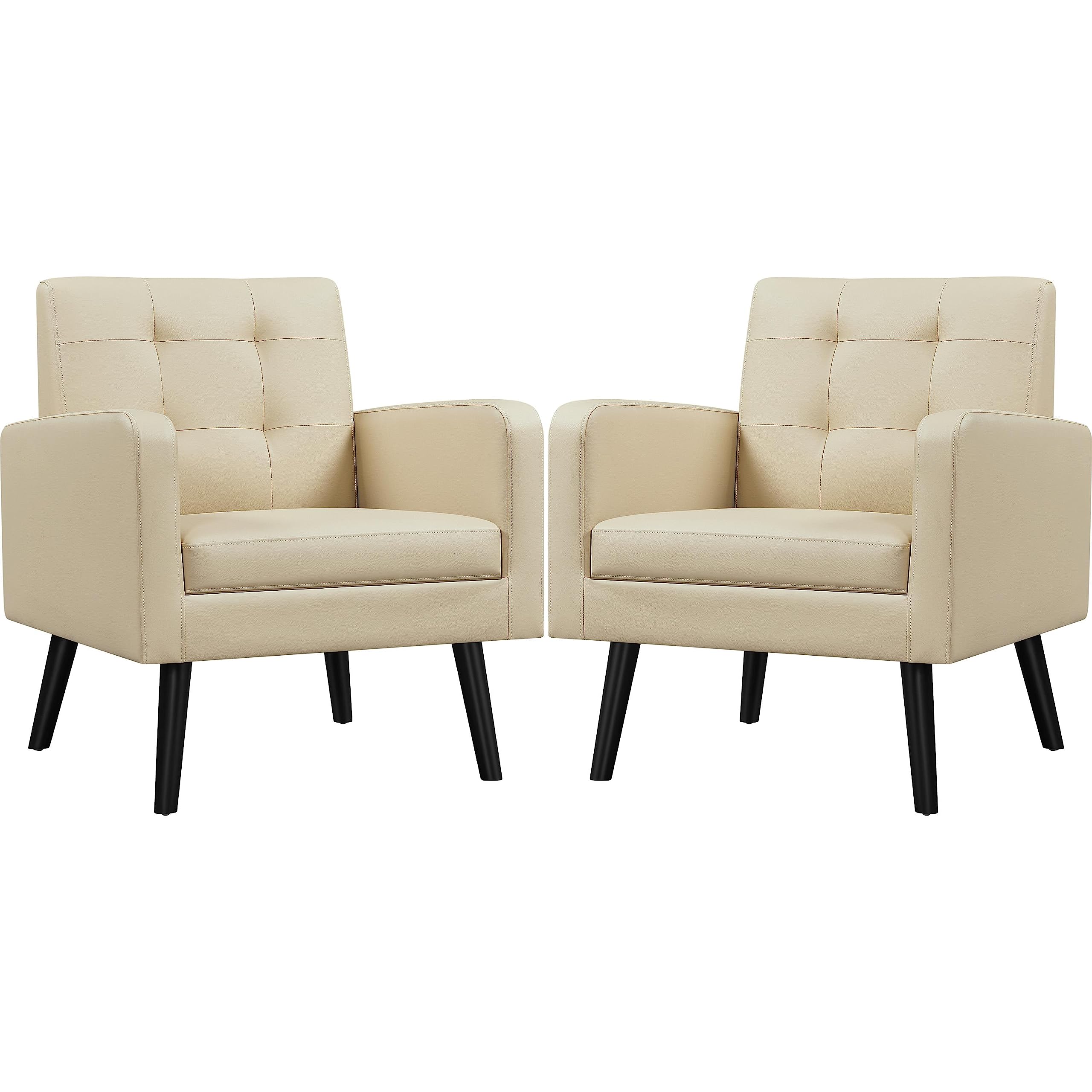 Yaheetech Mid-Century Accent Chairs, PU Leather Modern Upholstered Living Room Chair, Cozy Armchair Button Tufted Back and Wood Legs for Bedroom/Office/Cafe, Retro Brown 2 PCS