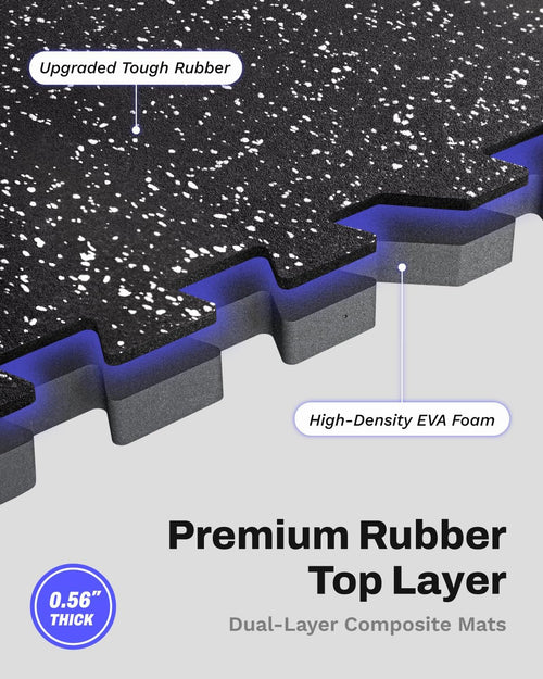 AIRHOP 0.56in Thick 48 Sq Ft Exercise Equipment Mats, 12 Tiles Upgraded Rubber Top with High Density EVA Foam, Large Interlocking Puzzle Gym Flooring for Home Gym, Heavy Weight Workout, 24 x 24in