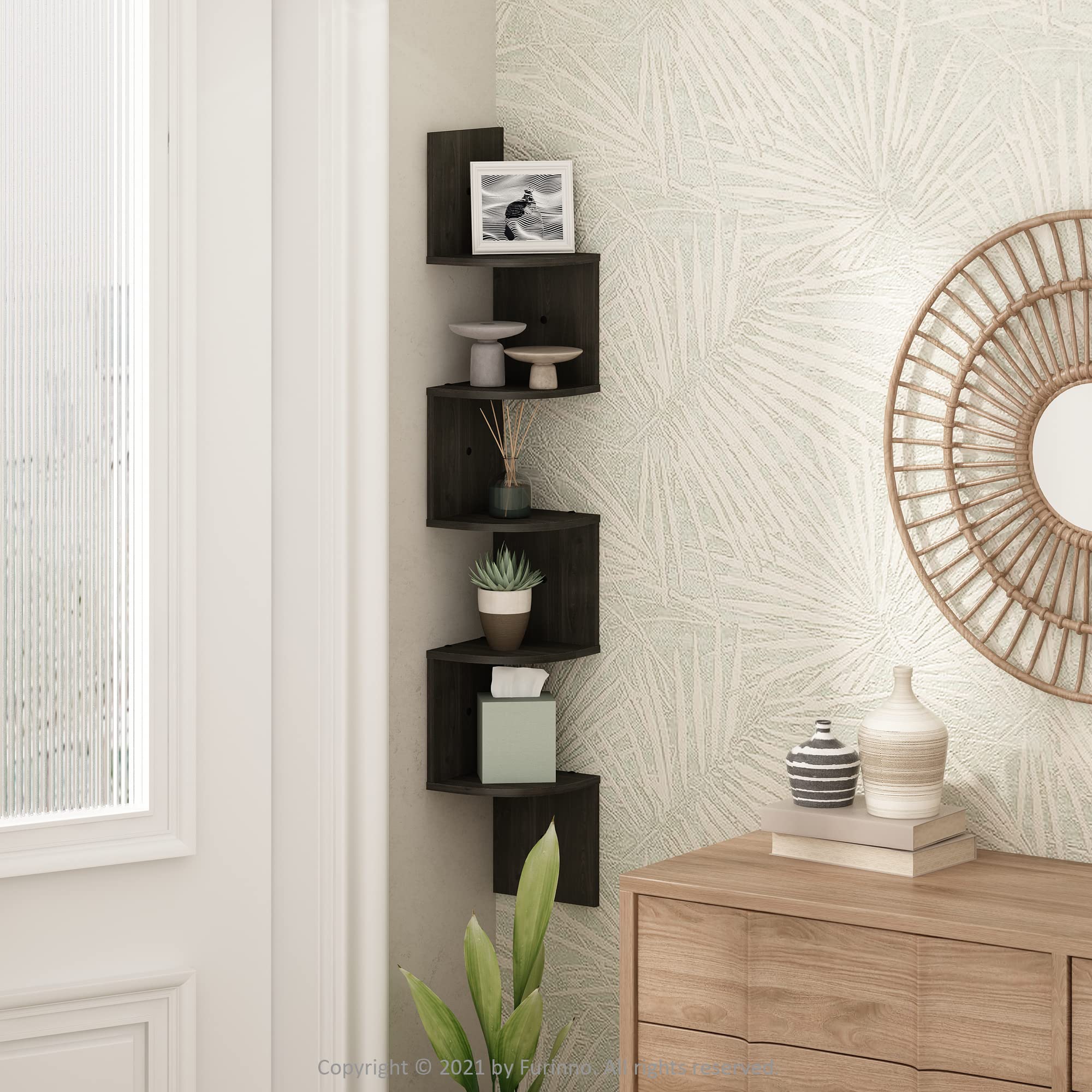 Furinno Rossi 5-Tier Floating Corner Shelf for Wall, Corner Zigzag Shelf Wall Mounted, Radial Wall Mount Shelves, for Home Office, Living Room, Bedroom, Bathroom, White