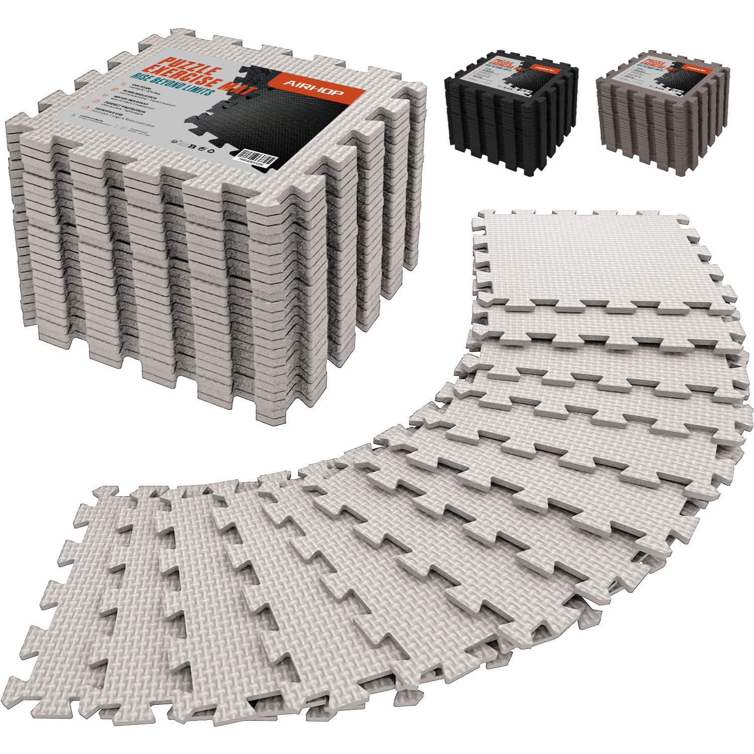 AIRHOP 18 Tiles Gym Floor Mat, EVA Foam Puzzle Gym Mat, High-Density Interlocking Foam Floor Tiles for Home Gym, Play Workout Garage Kitchen Flooring