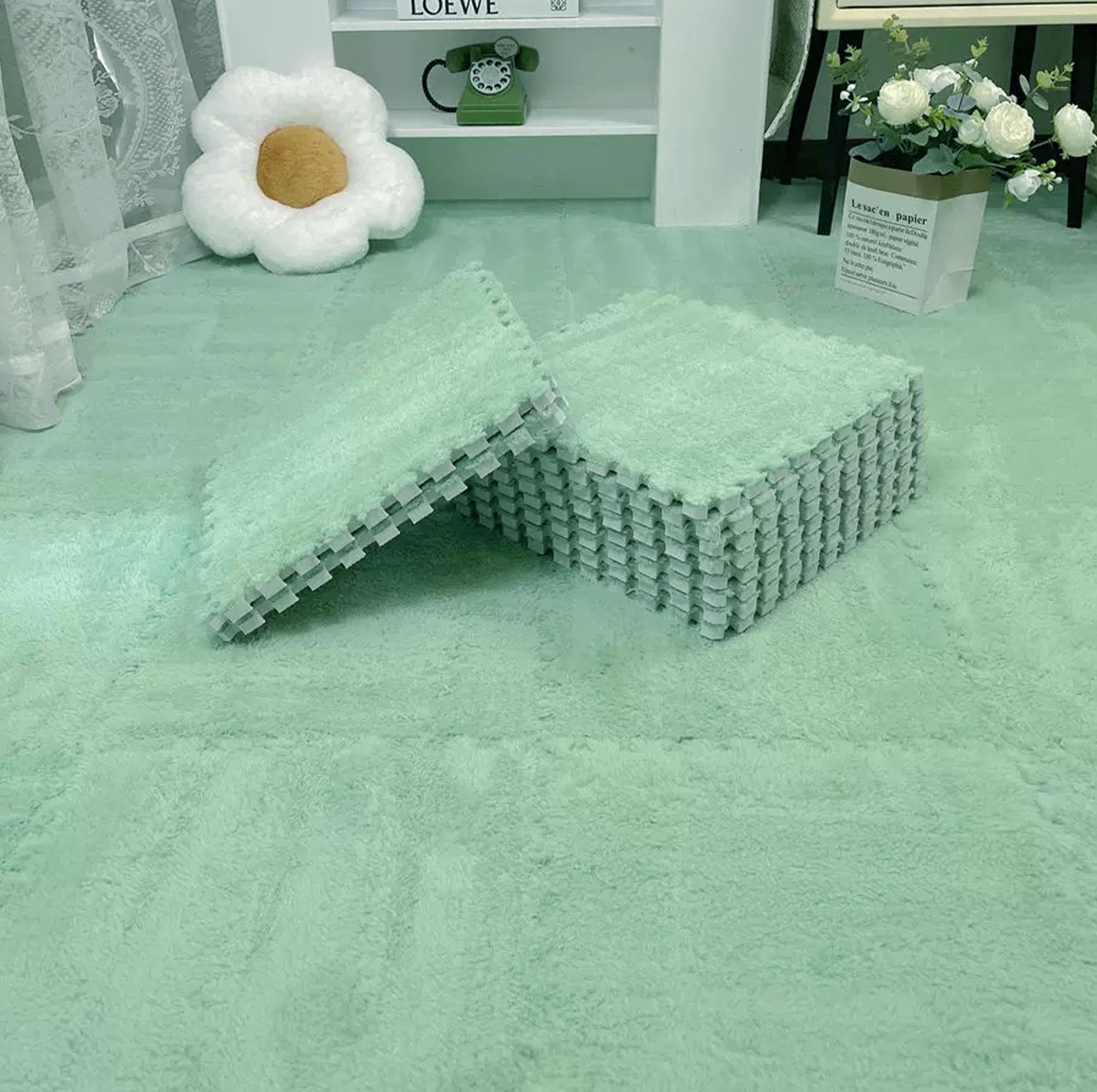 16 Pcs Kids Foam Interlocking Carpet Tiles with Border, Thick Carpet Squares Plush Floor Playmats Baby Crawling Rug - 49" x 49" (Navy Blue, 16 Tiles)