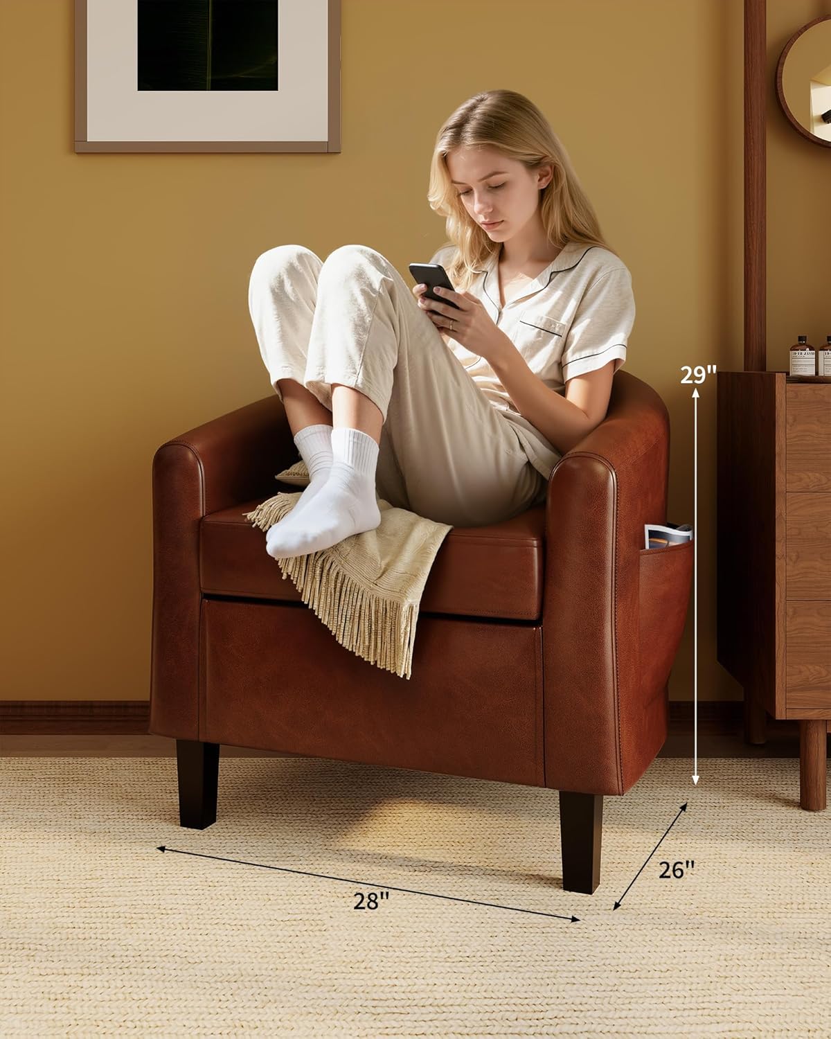 GarveeHome Accent Chair Faux Leather Barrel Chairs Club Armchair with Soft Seat for Living Room Bedroom Reading Waiting Room - Brown