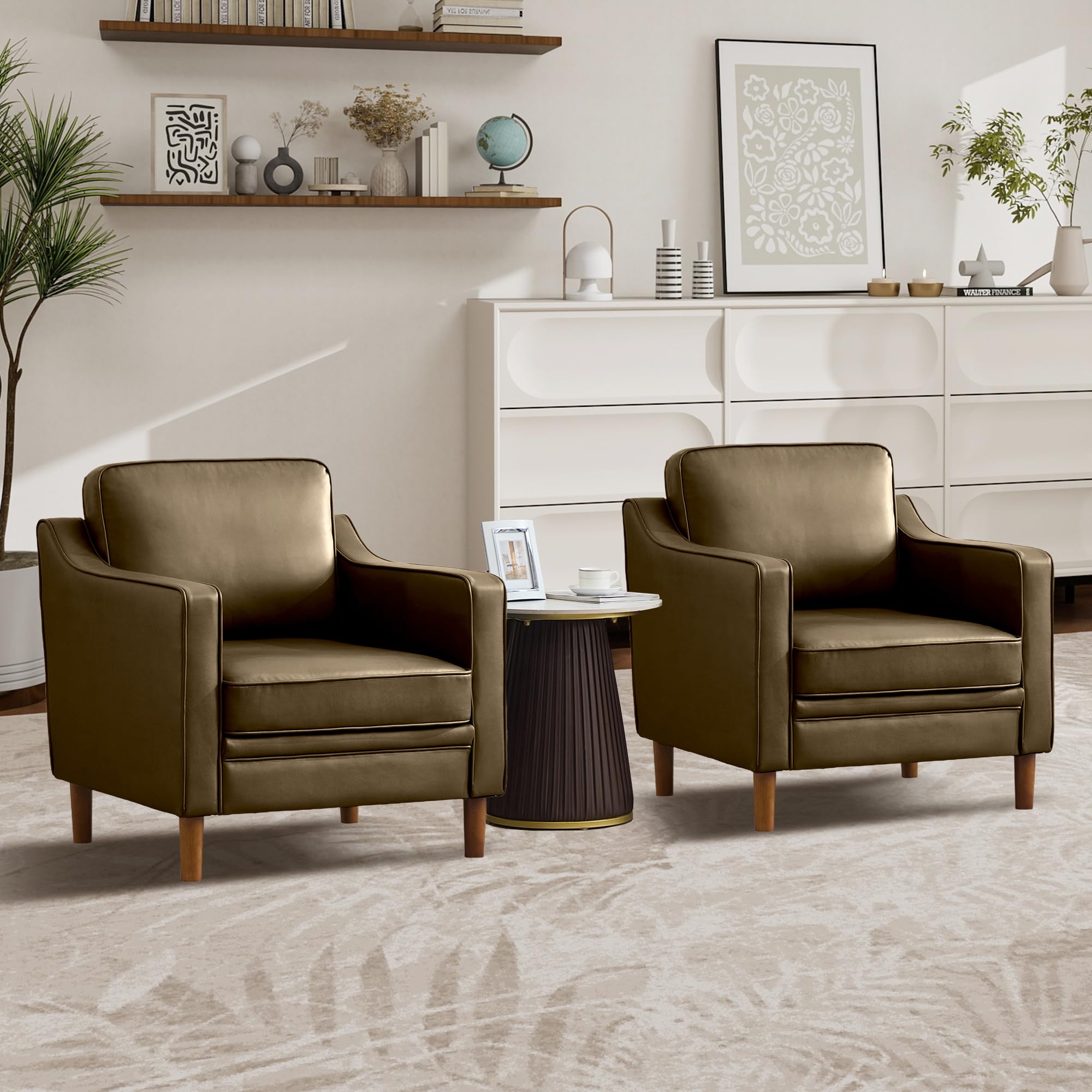 Kingfun Accent Chair Set of 2, Living Room Chairs, Faux Leather Reading Armchair, Mid Century with Solid Wood Foot, Upholstered Modern Decor for Bedroom, Apartment, Brown