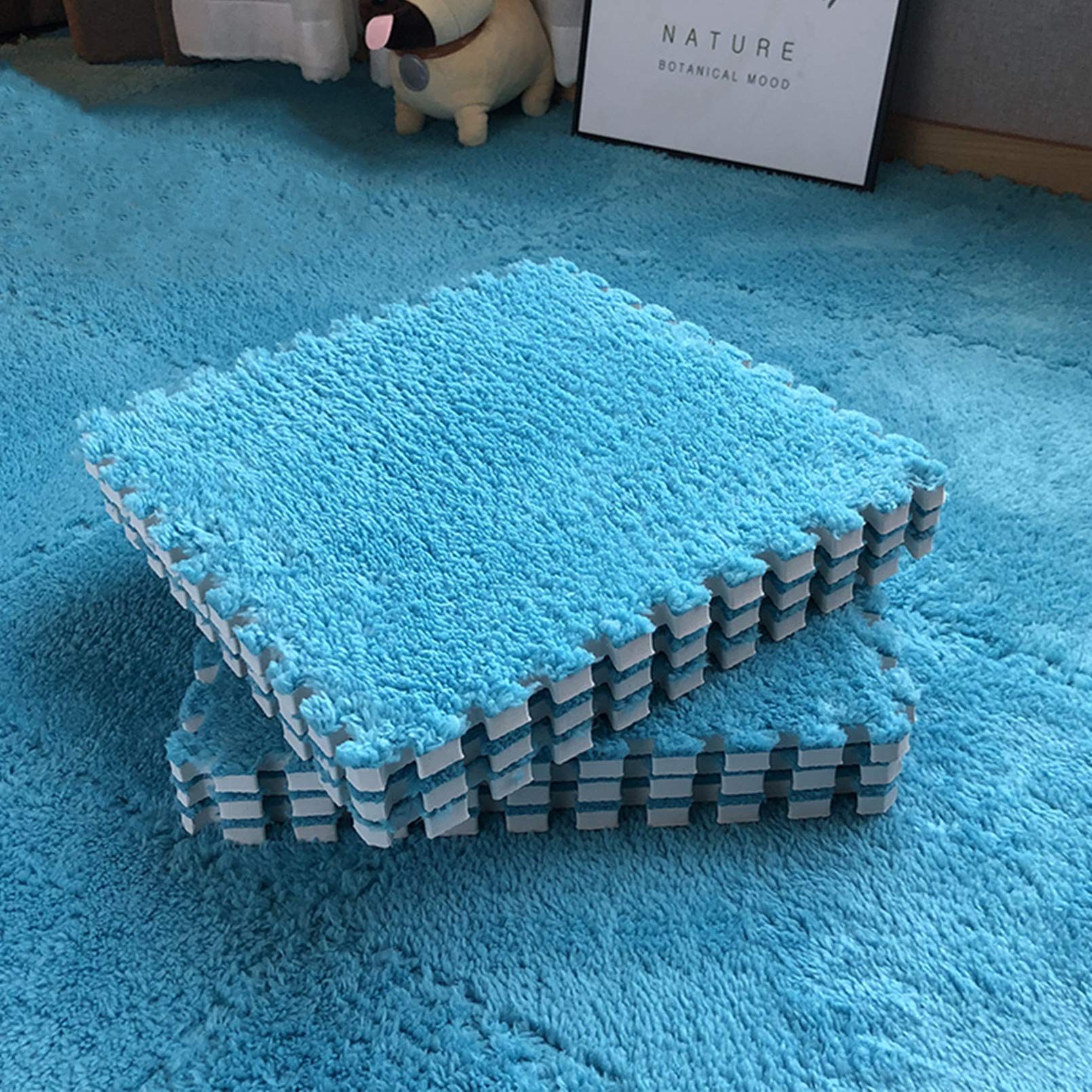 smabee Interlocking Carpet Shaggy Soft EVA Foam Mats Fluffy Area Rugs Protective Floor Tiles Exercise Play Mat for Children Kids Room Home Parlor Bedroom (12 Pcs, Brown)