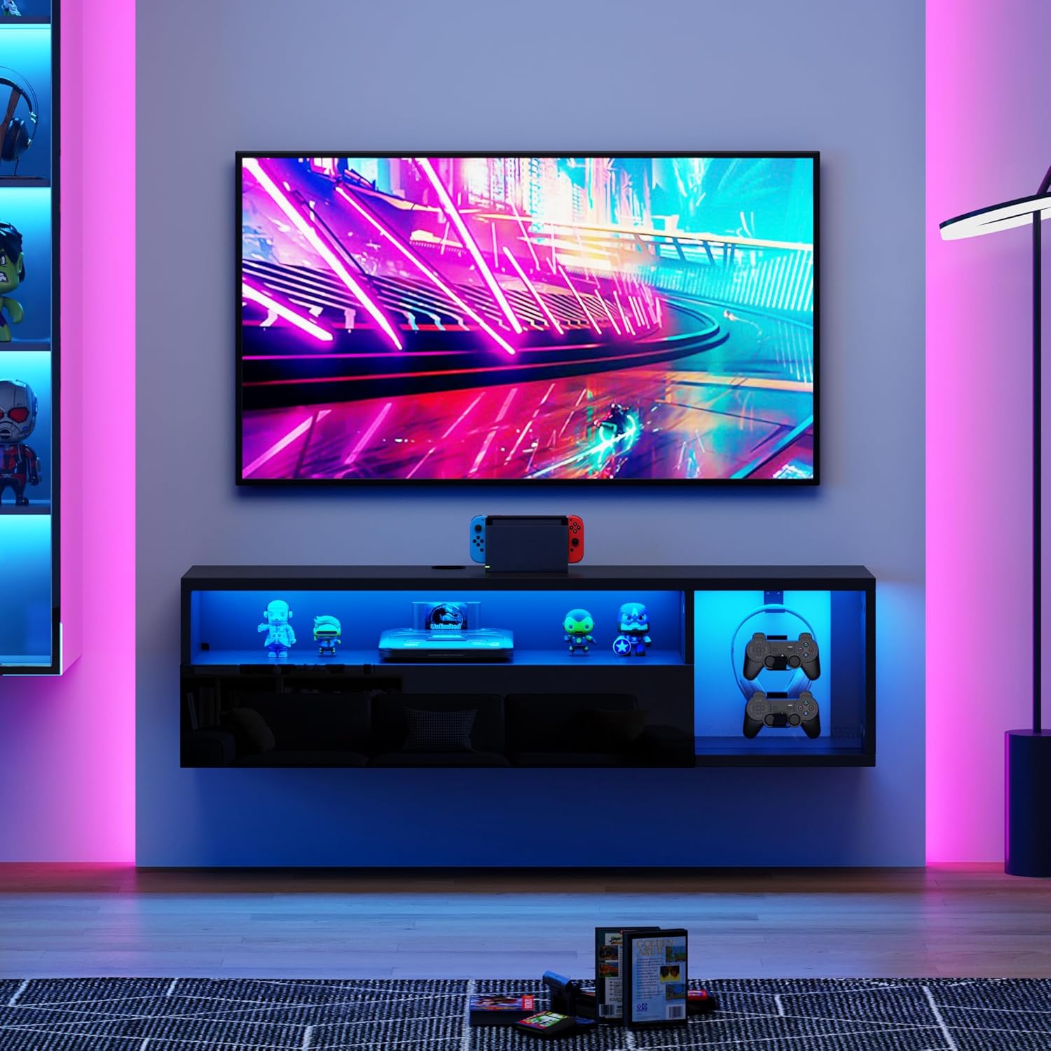 SogesPower Floating TV Stand Wall Mounted with Lights,LED TV Stand Floating Entertainment Center with Storage for Bedroom Living Room,Modern Floating Shelf for Under TV,Black 40inch
