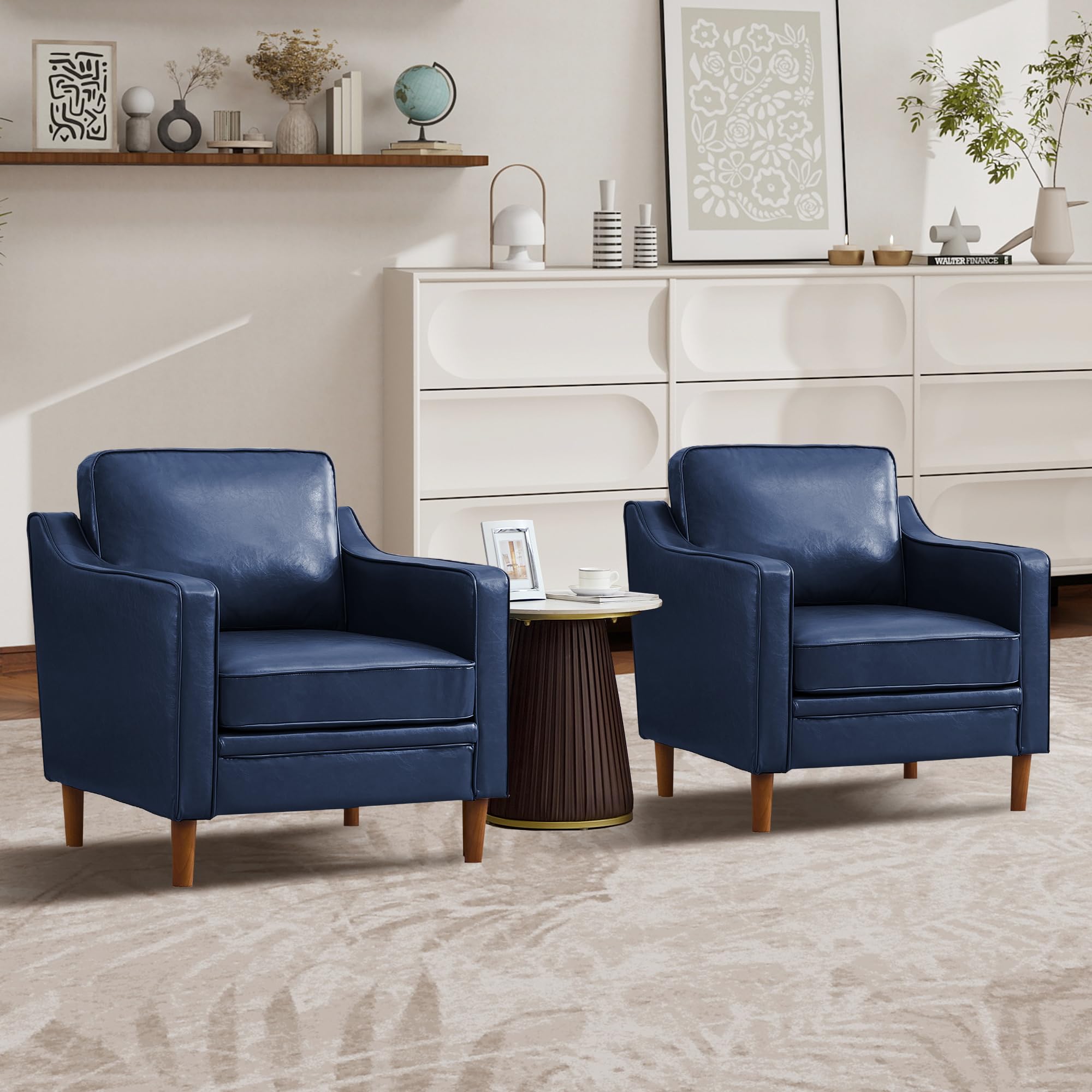 Kingfun Accent Chair Set of 2, Living Room Chairs, Faux Leather Reading Armchair, Mid Century with Solid Wood Foot, Upholstered Modern Decor for Bedroom, Apartment, Brown