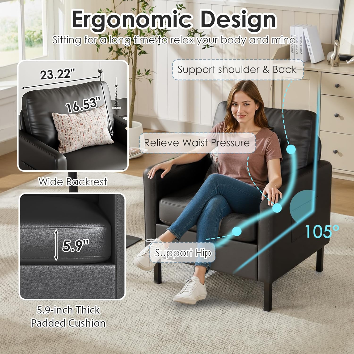 STHOUYN Black Faux Leather Accent Chair Set of 2 with Arms, Modern Small Accent Office Chair, Waiting Room Chairs for Living Room Bedroom with Metal Legs