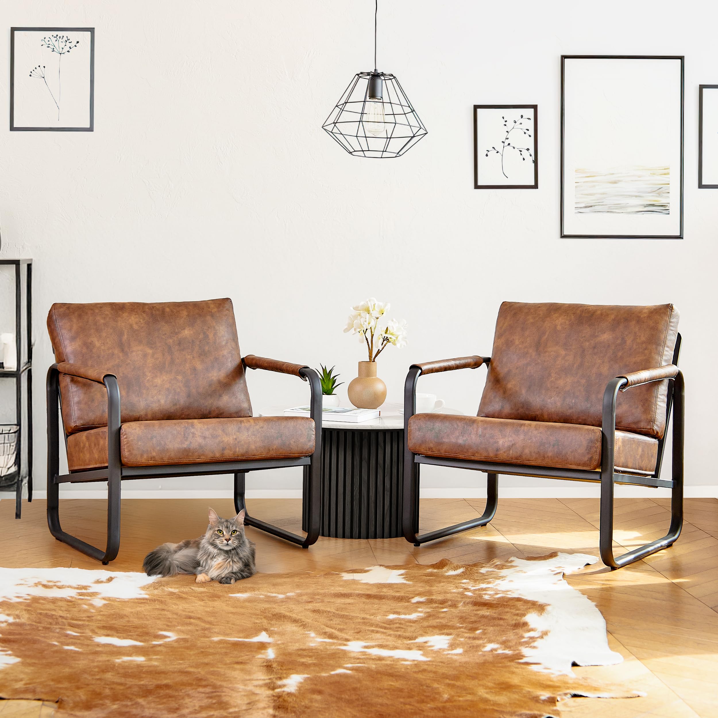 PrimeZone Mid-Century Modern Accent Chair Set of 2 - Comfy Faux Leather Living Room Chair, Lounge Armchair with Extra Soft Padded & Cushion, Ergonomic Accent Chair for Bedroom, Office, Brown