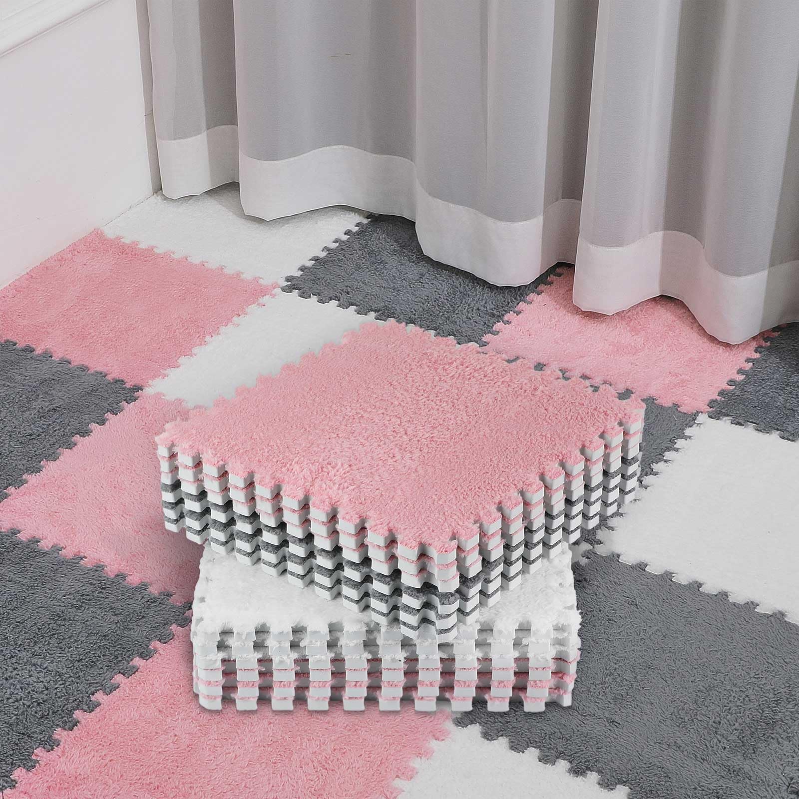 Amylove 72 Pieces Plush Foam Floor Mat Square Interlocking Carpet Tiles with Border 12 x 12 x 0.4 in Fluffy Play Mat Floor Tiles Soft Climbing Area Rugs for Home Playroom(White, Pink, Purple)