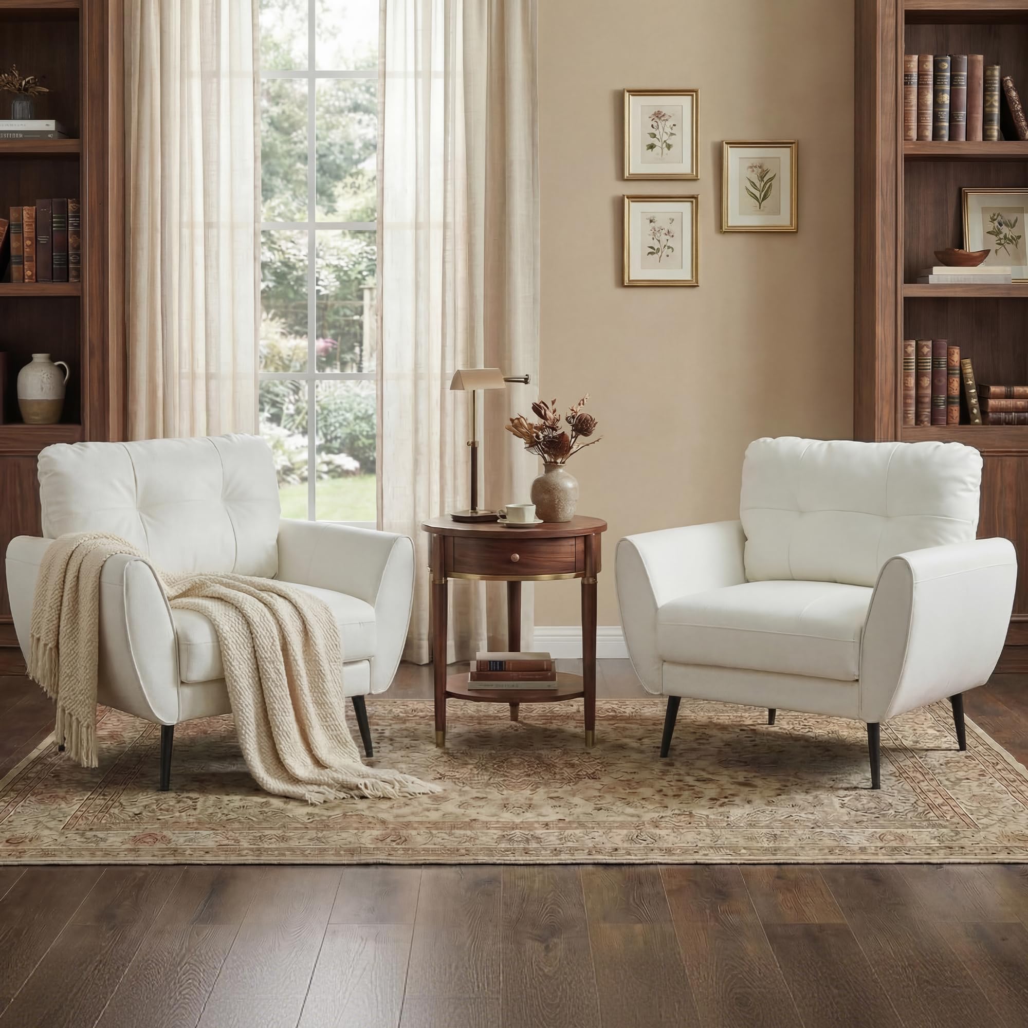 TYBOATLE Accent Chairs Set of 2, Comfy Modern Living Room Brown Leather Reading Accent Chairs Tufted Mid Century Arm Chair Small Salon Chair for Office Bedroom (2, Brown)