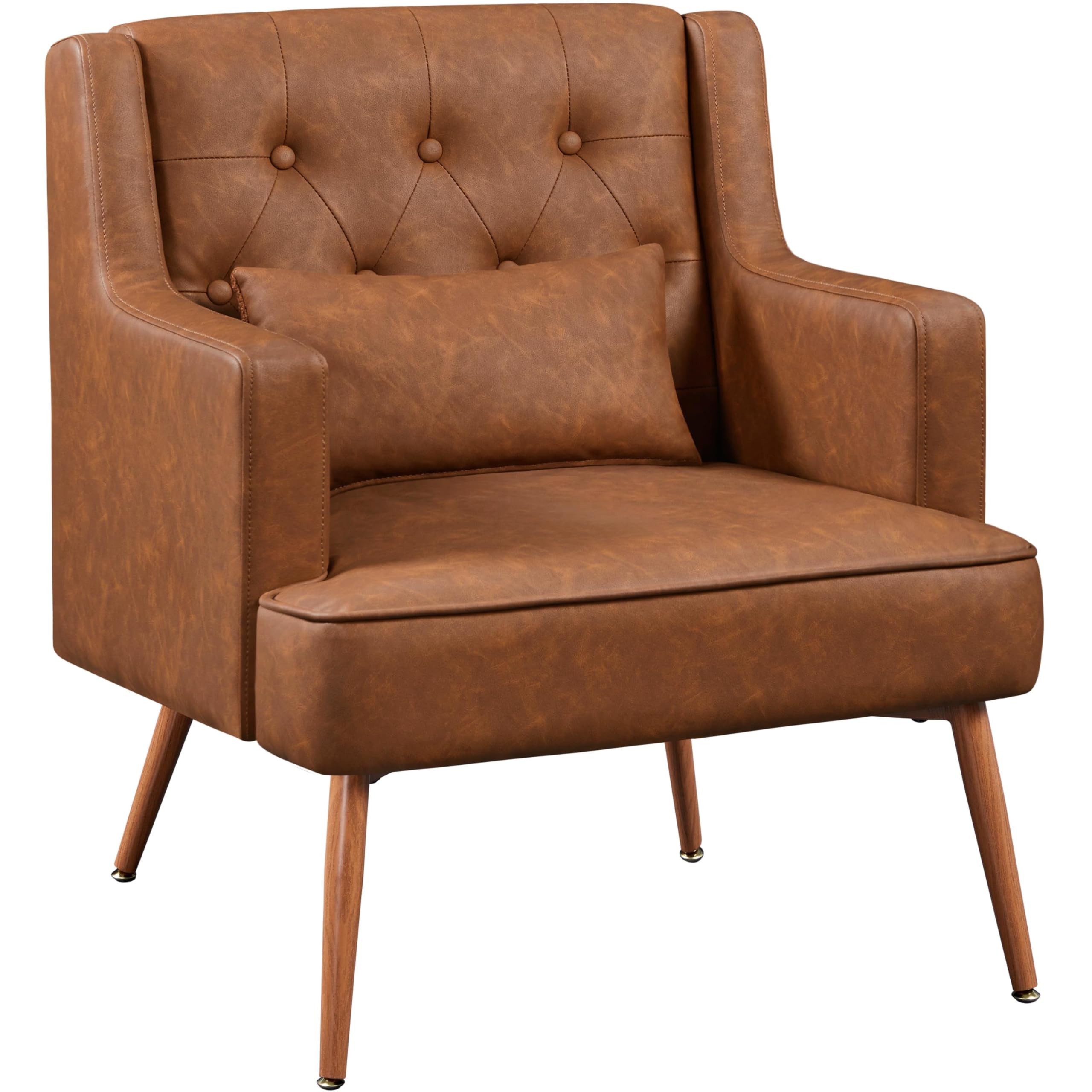 Yaheetech Accent Chair, Living Room Chair Mid Century PU Leather Armchair Lumbar Pillow, Comfy Upholstered Reading Chair Wood Leg Bedroom Brown 2PCS